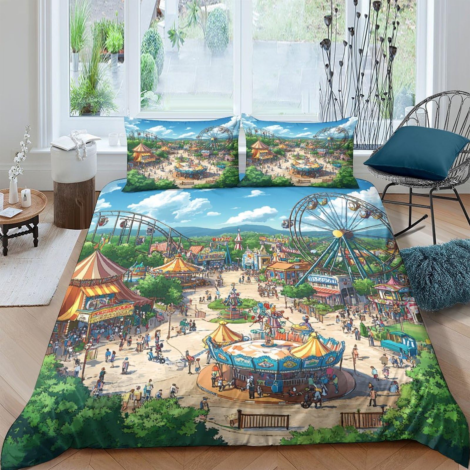 Ctjqhvkz Style-5 3D Printed Amusement Park Fitted Sheet Microfiber Soft Colorful Fairground Bed Cover For Bedroom Dorm Decor Easy Care Single（135X200cm）