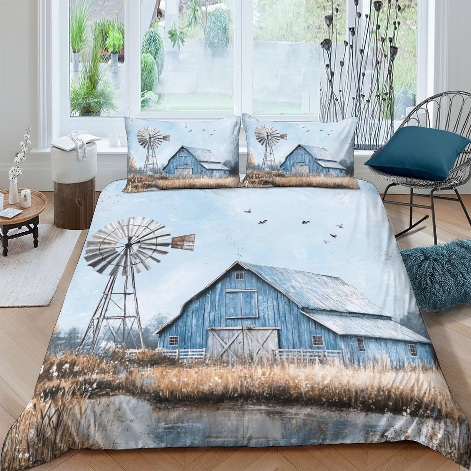 Ctjqhvkz Style-10 3D Printed Blue Barn Windmill Fitted Sheet Microfiber Soft Breathable Countryside Farmhouse Bed Cover For Bedroom Decor Single（135X200cm）
