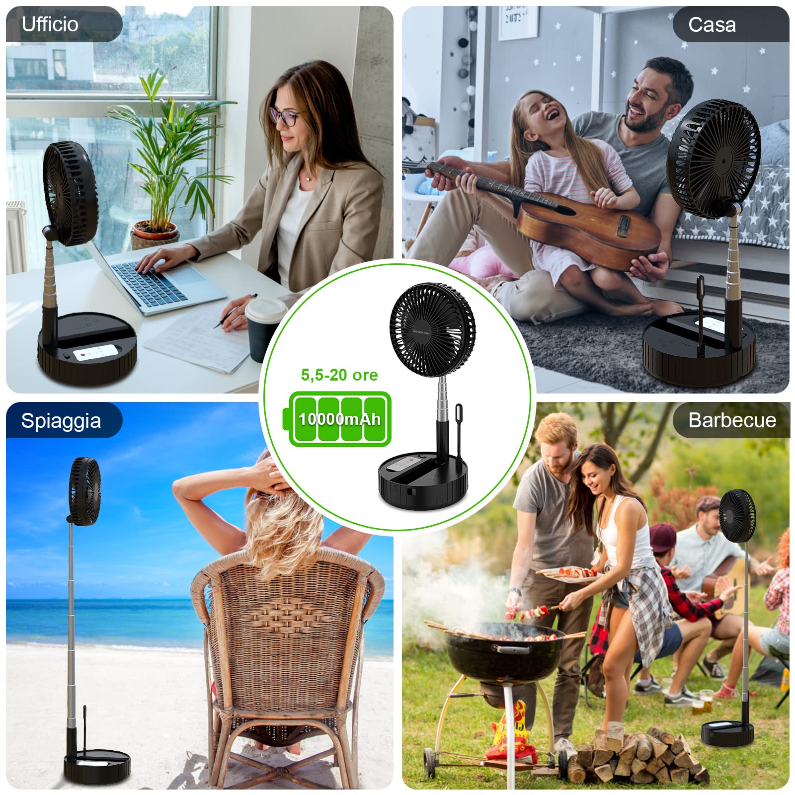 BENGUOO Ventilatore silenzioso con telecomando, USB Ventilatori a piantana e da tavolo portatile pieghevole oscillante timer 10000mAh potente batteria ricaricabile per casa ufficio campeggio Nero
