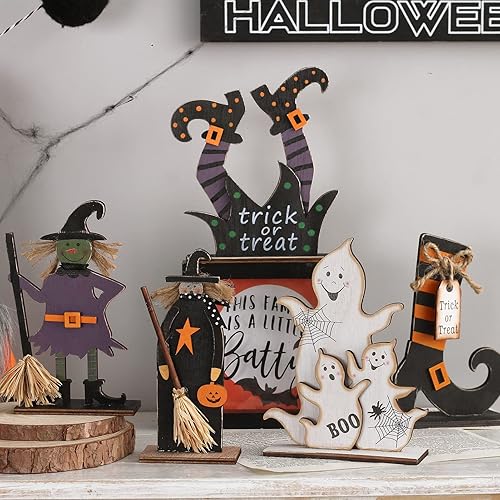 SY Super Bang 5pcs Halloween Wooden Decorations, Halloween Tabletop Centerpiece Craft Decor Including Witch/Ghost/Shoes Decor for Home, Indoor, Holiday, Party Supplies, Kid's Gift.