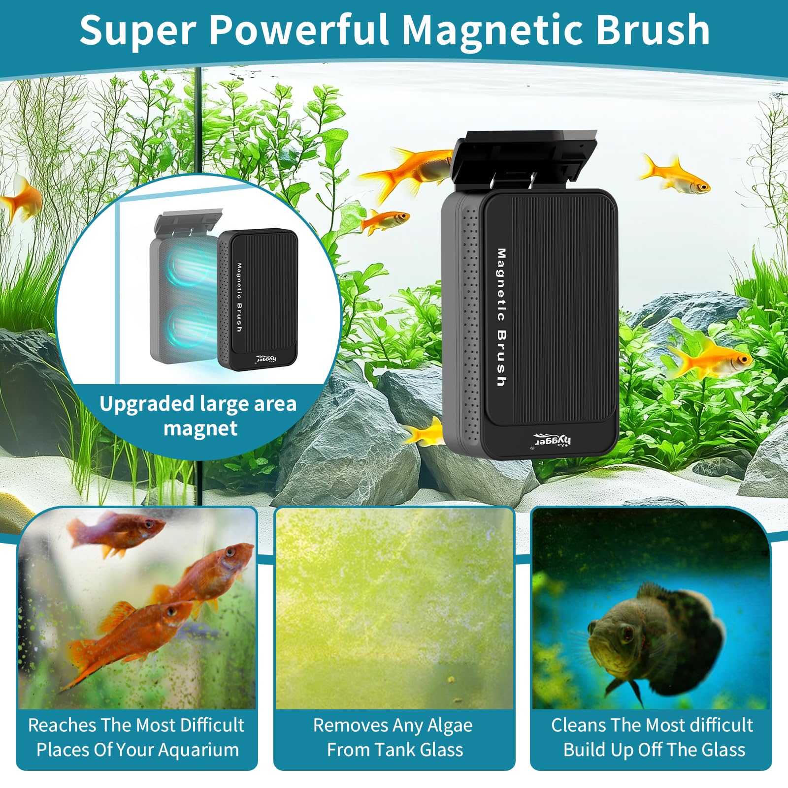 Hygger Pulitore magnetico per vetri dell'acquario, con 2 lame per acquari in vetro e acrilico, raschietto per alghe e acquari con magnete super forte, per acquari da 0,8 a 1,5 cm di spessore (L)