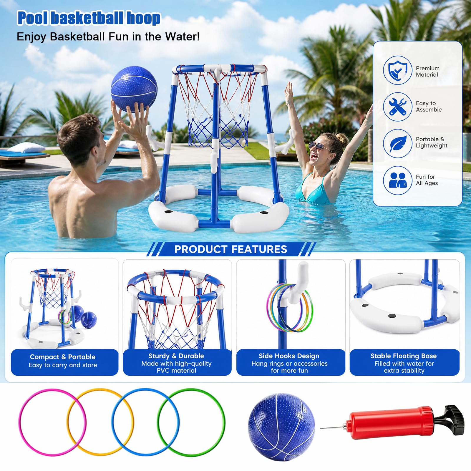 Cestino da basket gonfiabile per piscina con 4 grandi palline, pompa e adesivi, ideale per adulti per divertirsi in acqua