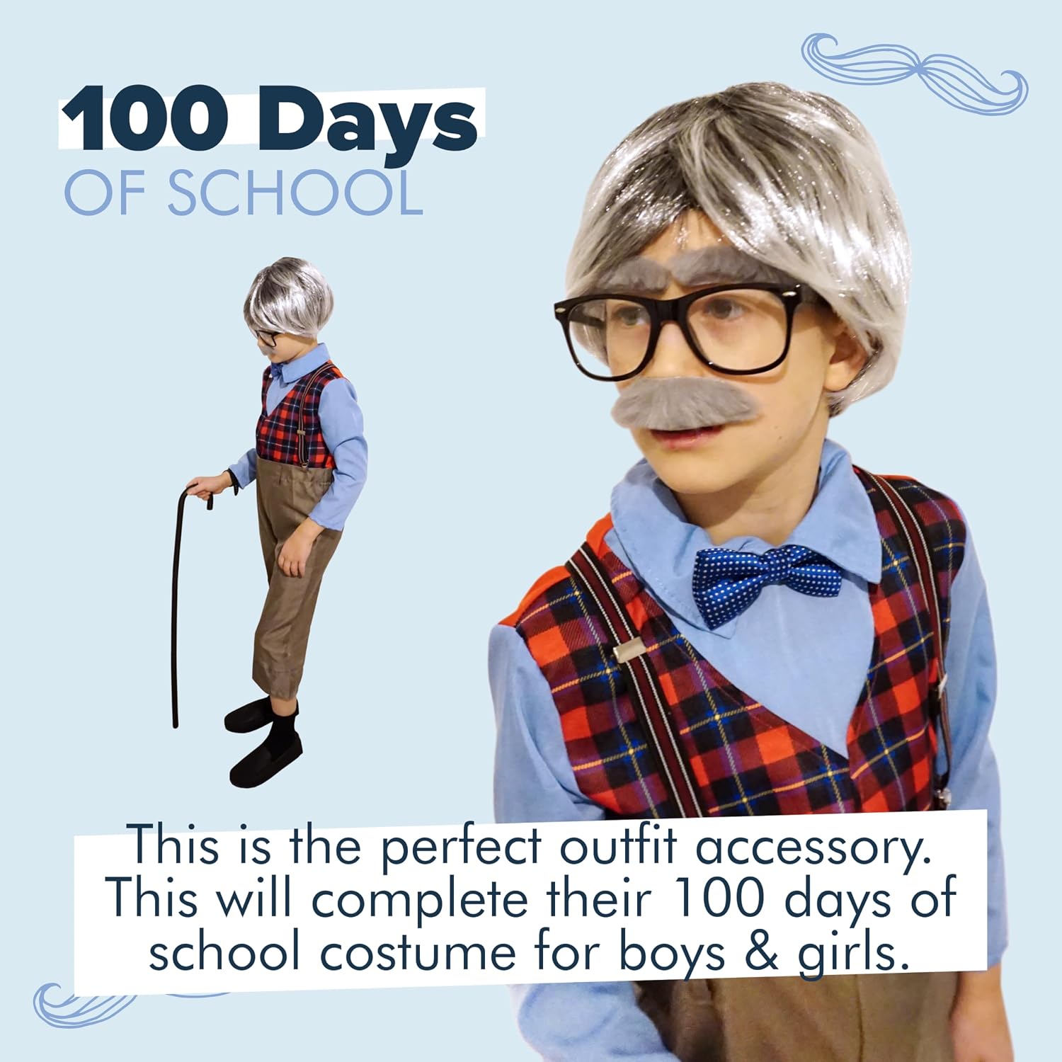 4E's Novelty Fake Gray Stick-on Mustache & Eyebrows - Kids Old Man Costume For Boys, 100 Day of School Costume Accessories for Boys, Old Man Dress Up, Grandpa Costume Accessories Kit