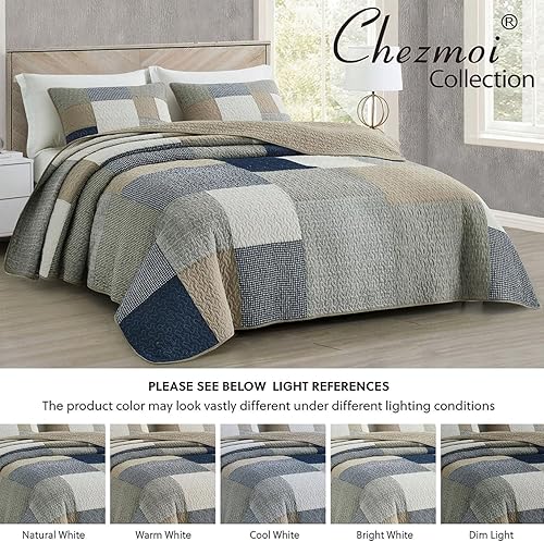 Vista 161 de Chezmoi Collection Samuel Juego de colcha con relleno de cuadros gris pardo, blanco y azul marino, 3 piezas, retales, algodón prelavado, ligero