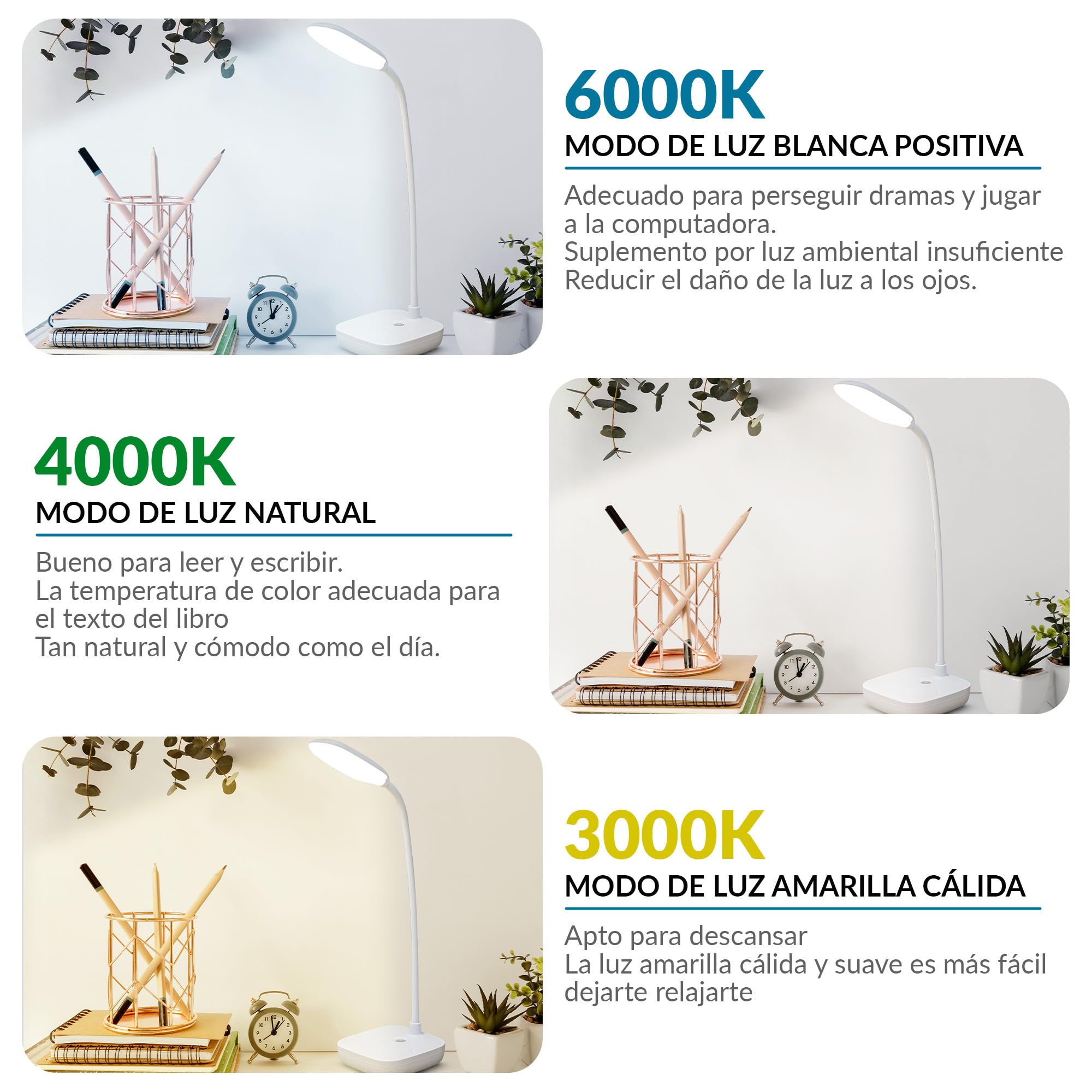 Lampara Escritorio LED, Flexo Led Escritorio Flexible, Lampara mesita noche sin cable, 3 Modos de Luz, Nivel De Brillo Ajustable con Control Táctil, Lampara Led Recargable Casa, Oficina y Estudio
