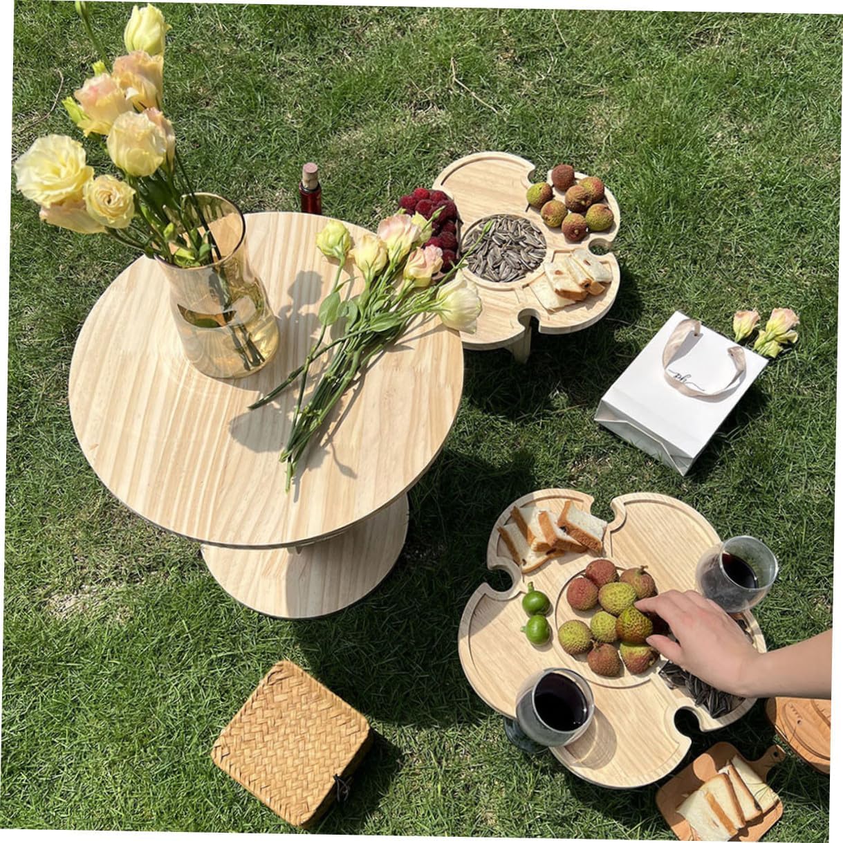 Angoily Portable Wooden Folding Wine Table Outdoor Picnic Beverage Holder 35cm Diameter Floor Table for Beach Camping BBQ and Travel