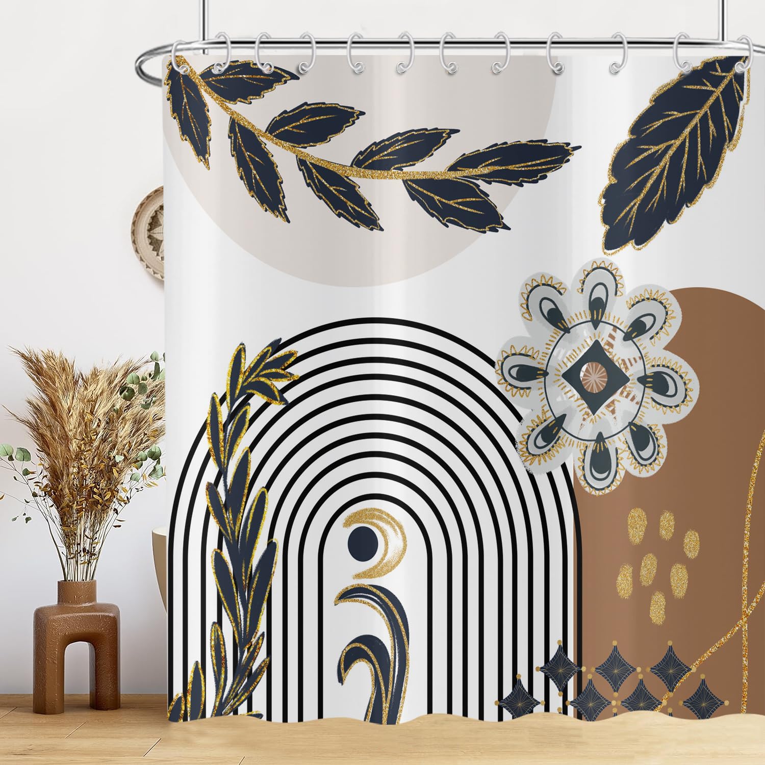 Hnmdmyi Boho Shower Curtain 180x200, Mid Century Abstract Vintage Leaves Floral Geometric Minimalist Aesthetic Art Bathroom Shower Curtains Waterproof Polyester Fabric Washable Bath Curtains — image 1
