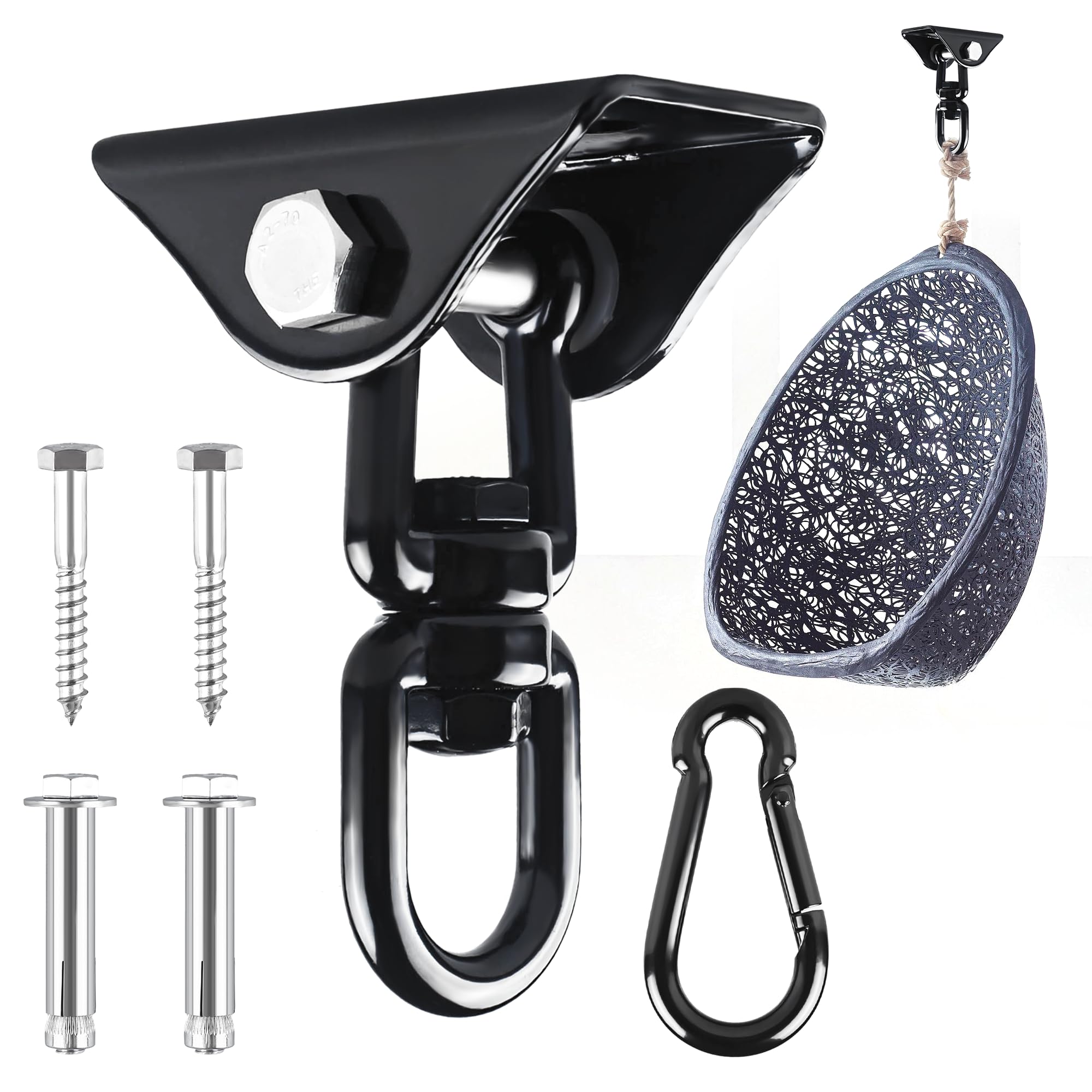 360°Rotating Hammock Hanging Kit, Heavy Duty 1200 lb Capacity Stainless Steel Hanging Swing Hooks, 1 Pack Swing Hanger for Yoga, Hammock Chair, Sandbag, Swing Sets(Black