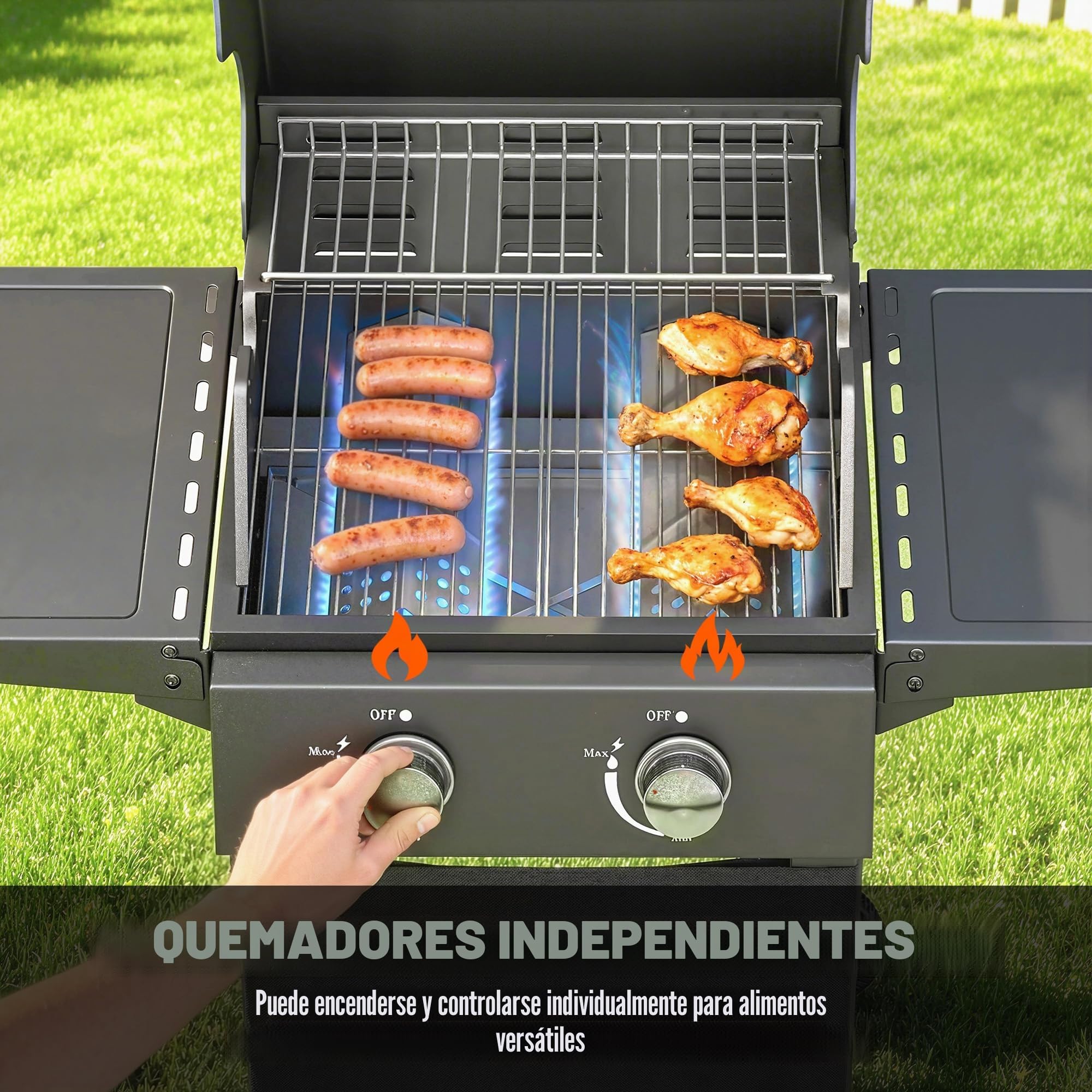 Barbacoa de gas Outsunny con 2 quemadores de 5,4 kW, barbacoa portátil de gas propano con parrilla, bandejas plegables, tapa, bandeja recogegrasa, termómetro y ruedas, para jardín exterior, color