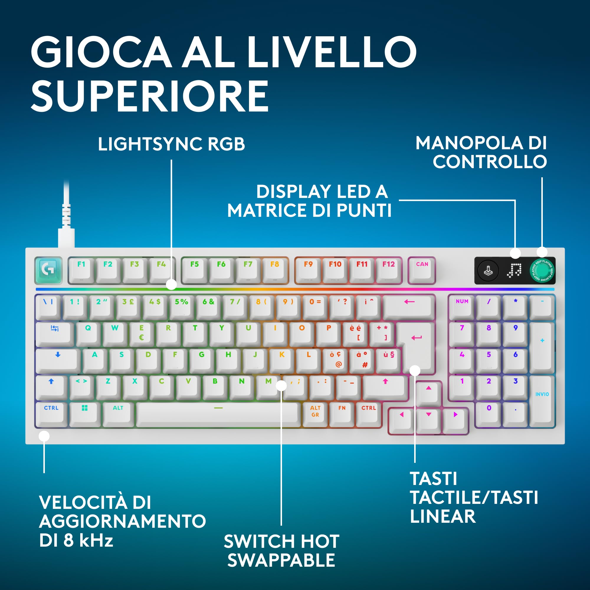 Logitech G G316 X 98, tastiera gaming, 8 kHz, switch Tactile hot-swap, struttura a guarnizione, display LED matrice & manopola, tasti PBT bicomponente, USB-C, RGB LIGHTSYNC, PC, ITA QWERTY - Bianco