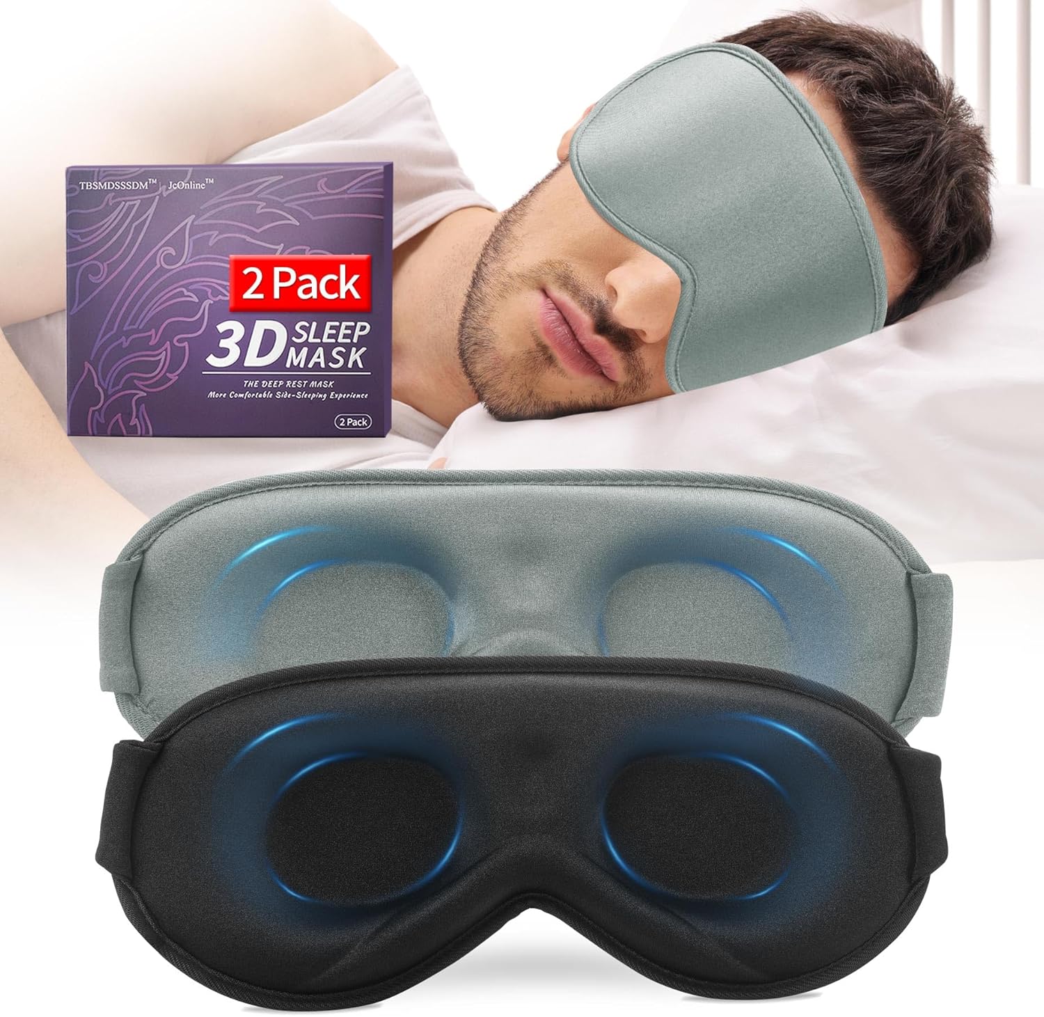 3D Sleep Mask for Men&Women, 2 Pack Contour Eye Masks for Sleep, Side Sleeping Mask for Men&Women, Blackout Eye Mask for Sleeping Eye Mask, Airplane Travel Essentials, Meditation Black & Silver-Gray