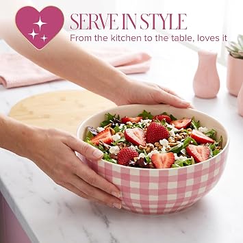 Paris Hilton Serving Bowl with Bamboo Lid, Stoneware Salad Bowl with Pink Gingham Print Exterior, Lid Doubles as Cutting Board, 10-Cup, Pink