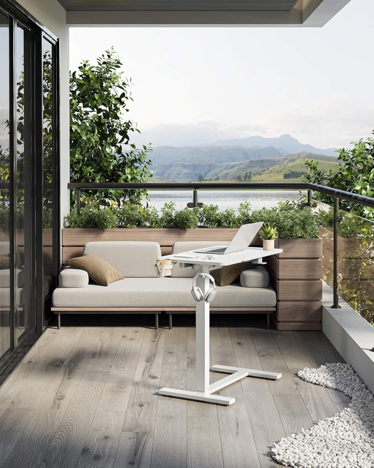 YIHAYO Electric Adjustable Overbed Bedside Table with Wheels, 24 x 16 Inches Mobile Standing Desk, Laptop Desk, Movable Overbed Tables Hospital Home Use, White