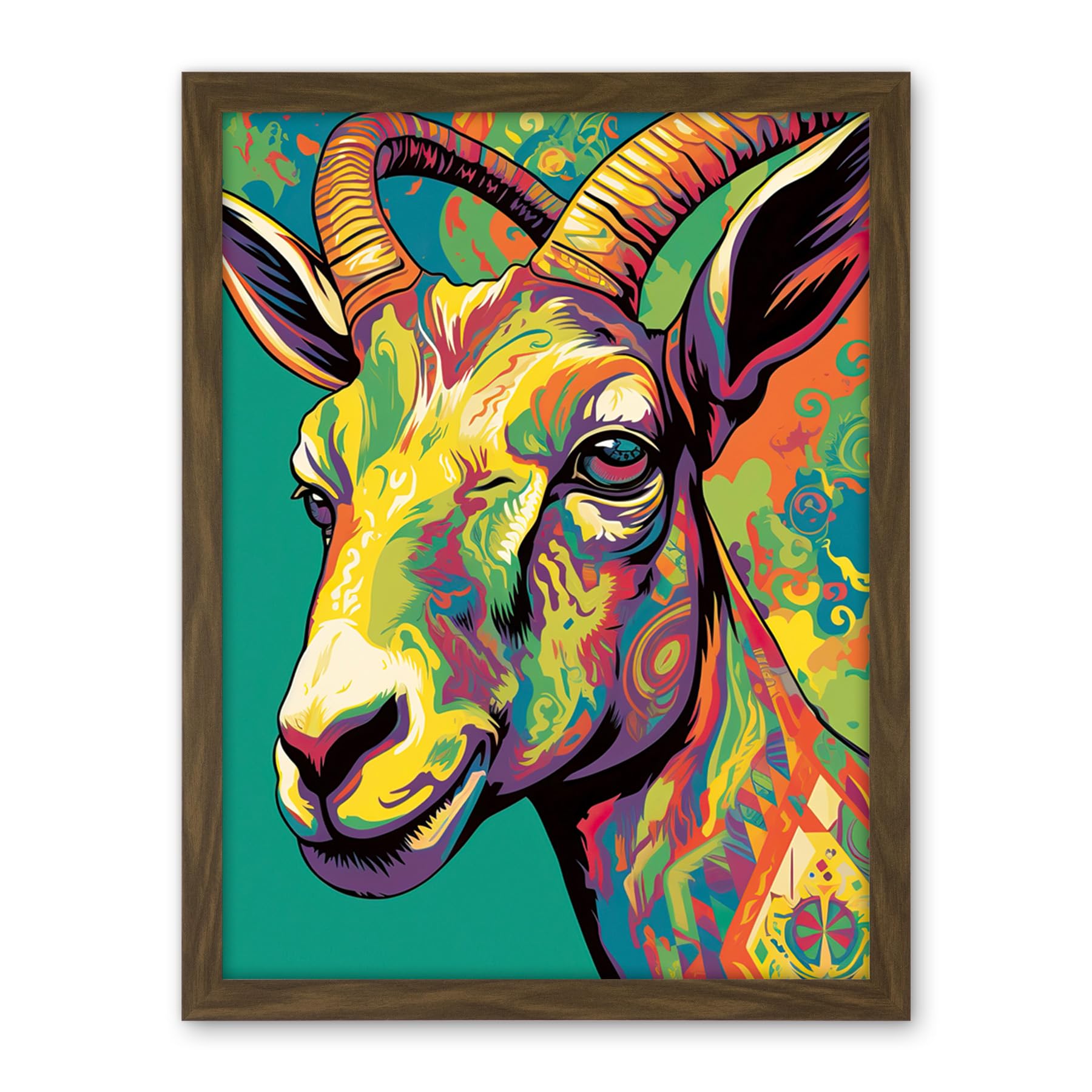 Artery8 The Trippy Goat Psychedelic Portrait Vibrant Colourful Patterns Modern Pop Art Artwork Framed Wall Art Print 18X24 Inch