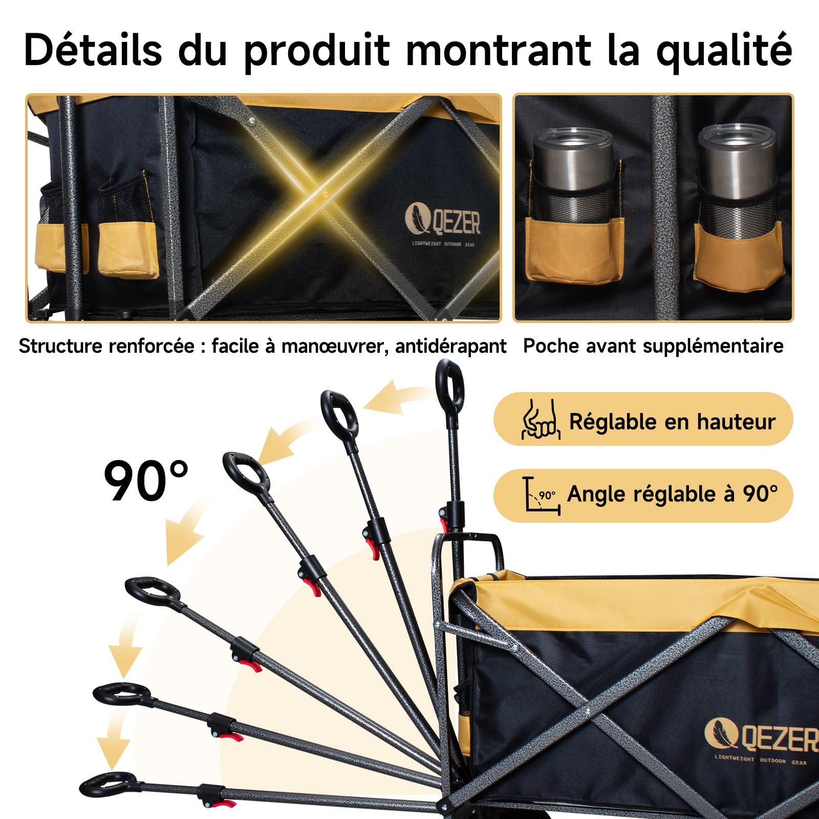 Chariot Pliable avec Roues Tout Terrain,Capacité de Charge 220 kg/270 kg, Chariot de Transport Multifonction pour Plage，Jardin, Camping, Pêche et Barbecue (Noir et Jaune, Grande Taille)