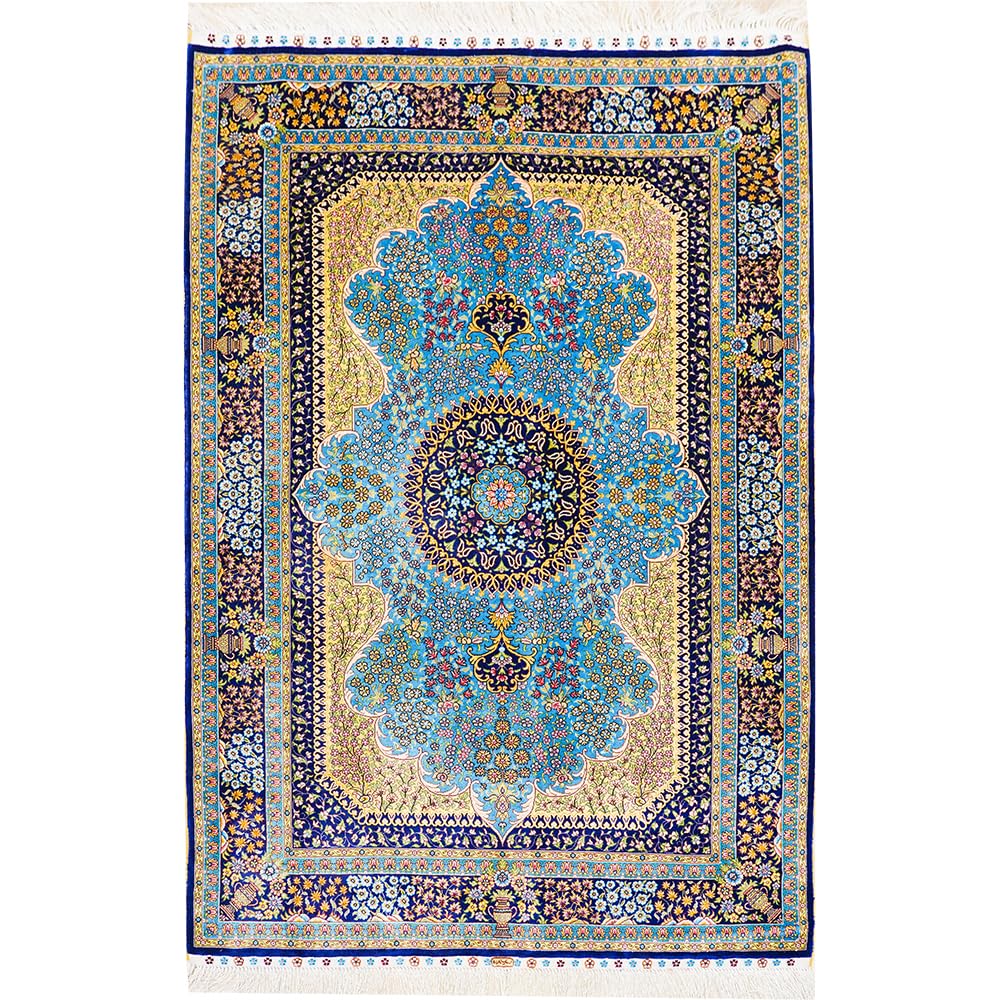 Yuchen Rug Silk Carpet 4x6 Blue Hand Knotted Vintage Traditional Medallion Oriental Silk Rug for Living Room