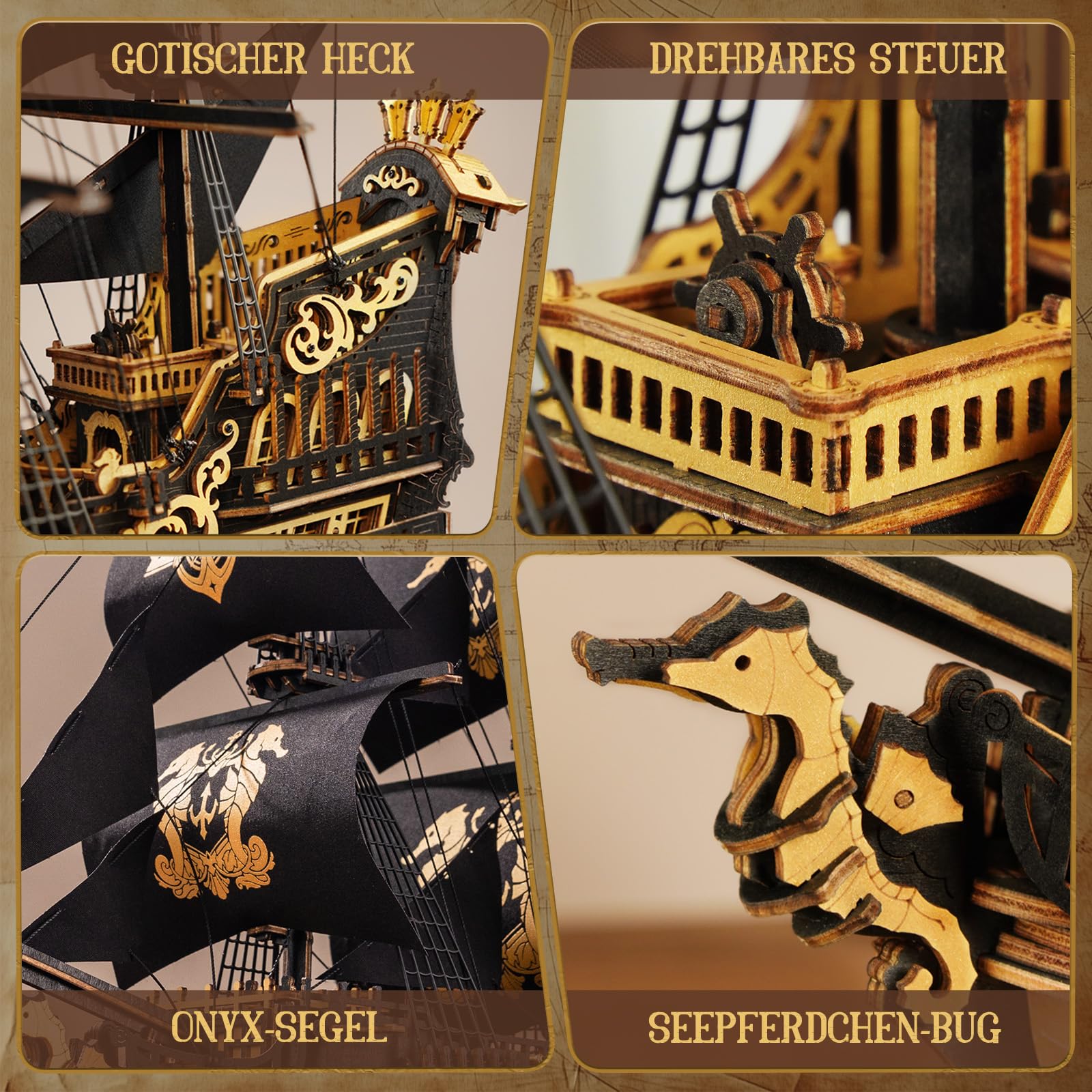 ROKR Seepferdchen Barke MCB02 3D Puzzle Holz Modellbausatz Erwachsene Bauen Schiffsmodell Bausatz Holz Basteln Dekoration Einzigartig Geschenk für Männer