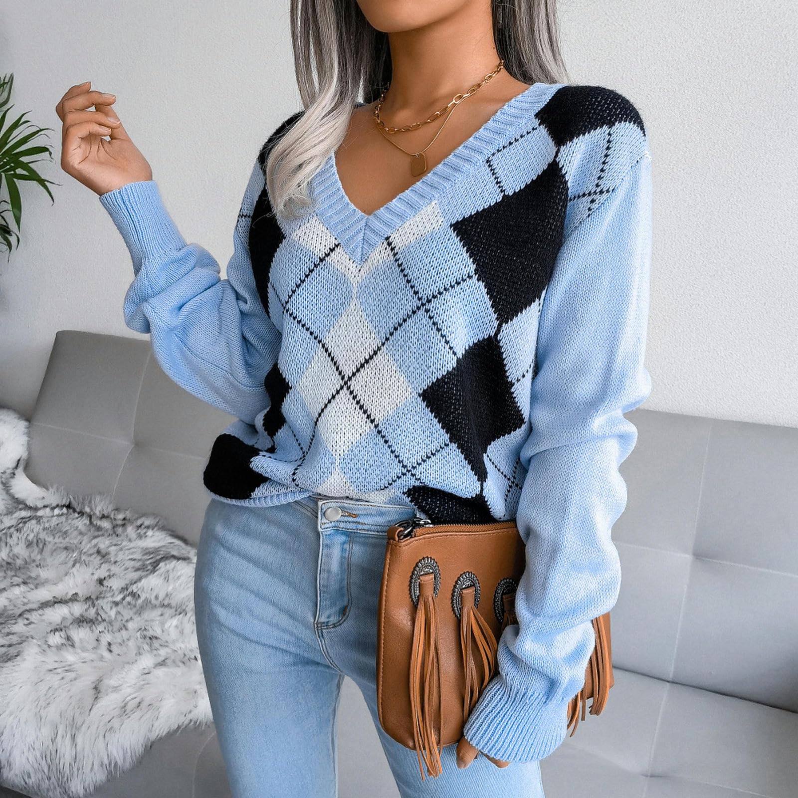 Maglione Donna Maglioni Autunnali da Donna A Maniche Lunghe Tops A Maglia per Maglioni A Maglia Casual Oversize-Cachi-s
