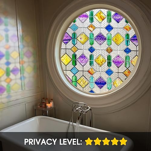Miniatura 39 de Windimiley Película de privacidad para ventana de vidriera: 3D arcoíris floral decorativo esmerilado estático para baño, control de calor, bloqueo