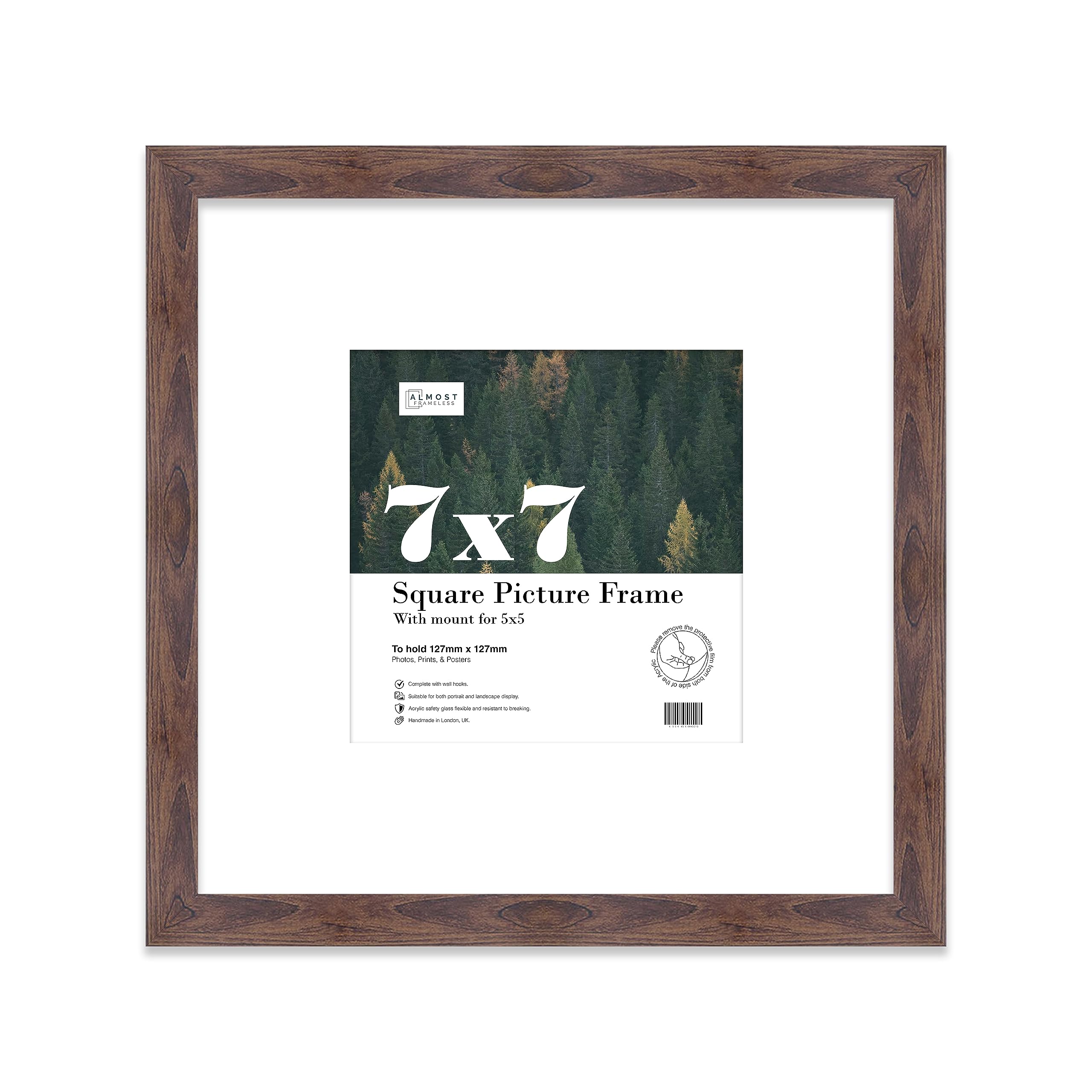 7x7 Walnut Picture Frame with Mount for 5x5 Photos, Prints - Modern Square Wall Frame, 1 Pack