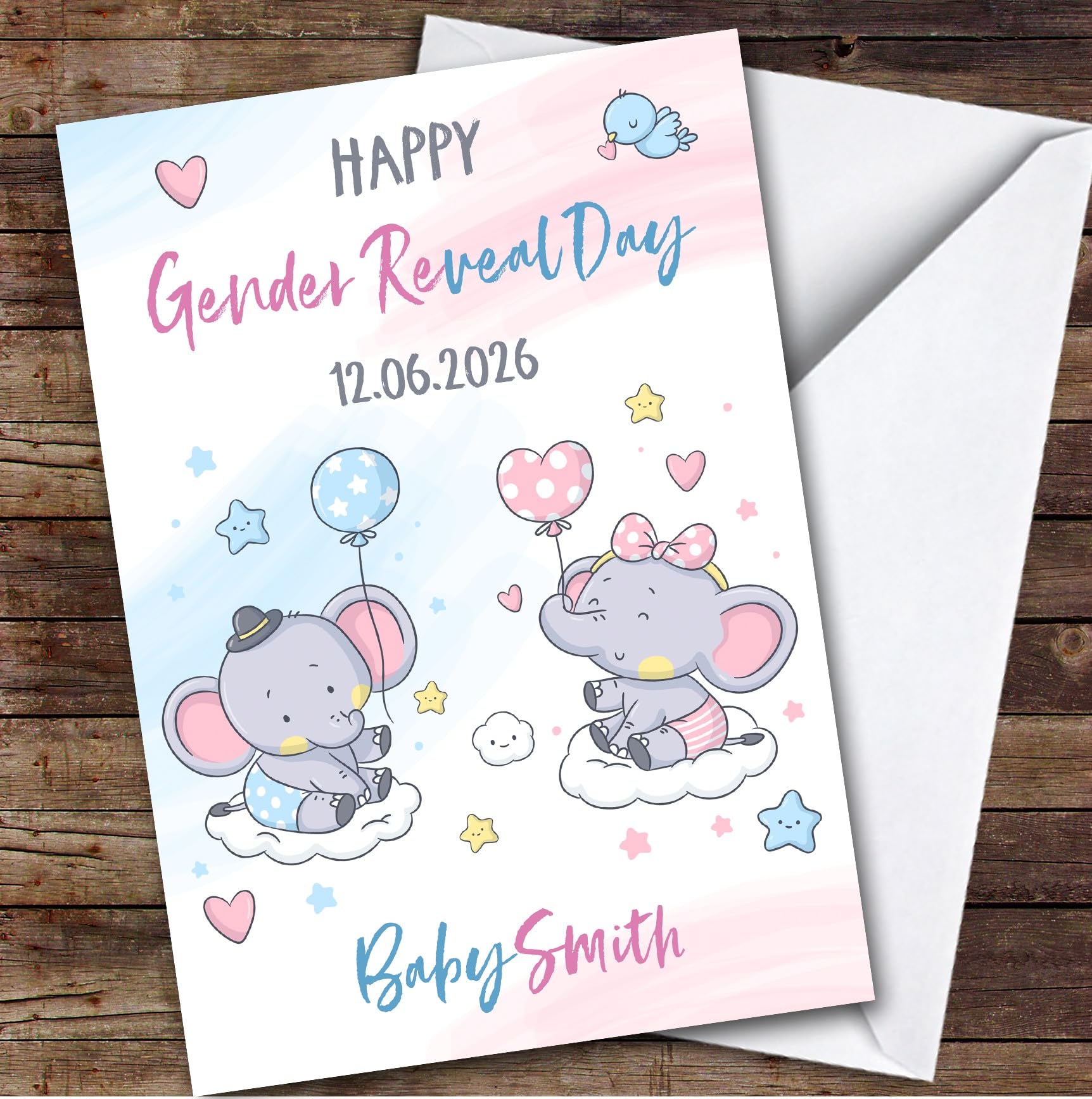 Personalised Gender Reveal Card For Anyone Elephant Balloons | Custom Greetings Card For Gender Reveal Any Text Inside & Out
