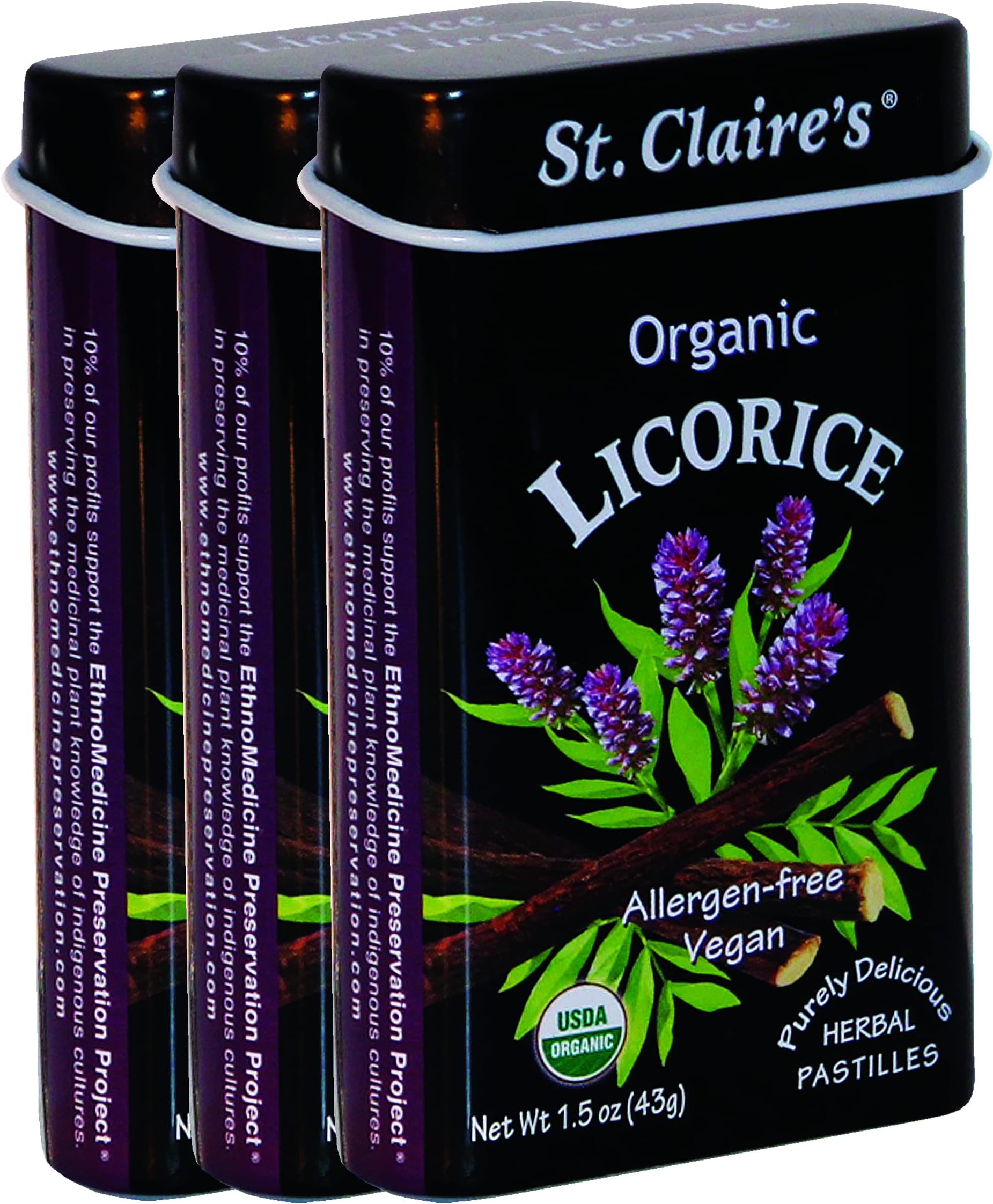 St. Claire's Organic Herbal Pastilles, (Licorice, 1.5 Ounce Tin, Bundle of 3) | Gluten-Free, Vegan, GMO-Free, Plant-based, Allergen-Free | Made in our Allergen-Free facility
