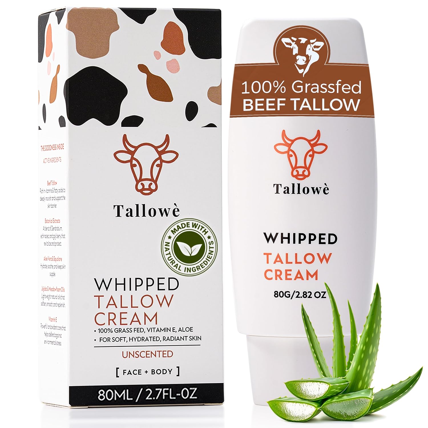 Tallowè Whipped Cream Unscented Face Moisturizer with 100% Grass Fed Beef Tallow For Skin Barrier Support, Natural clean simple ingredient moisturizer,For Dry Sensitive Skin, 2.8oz