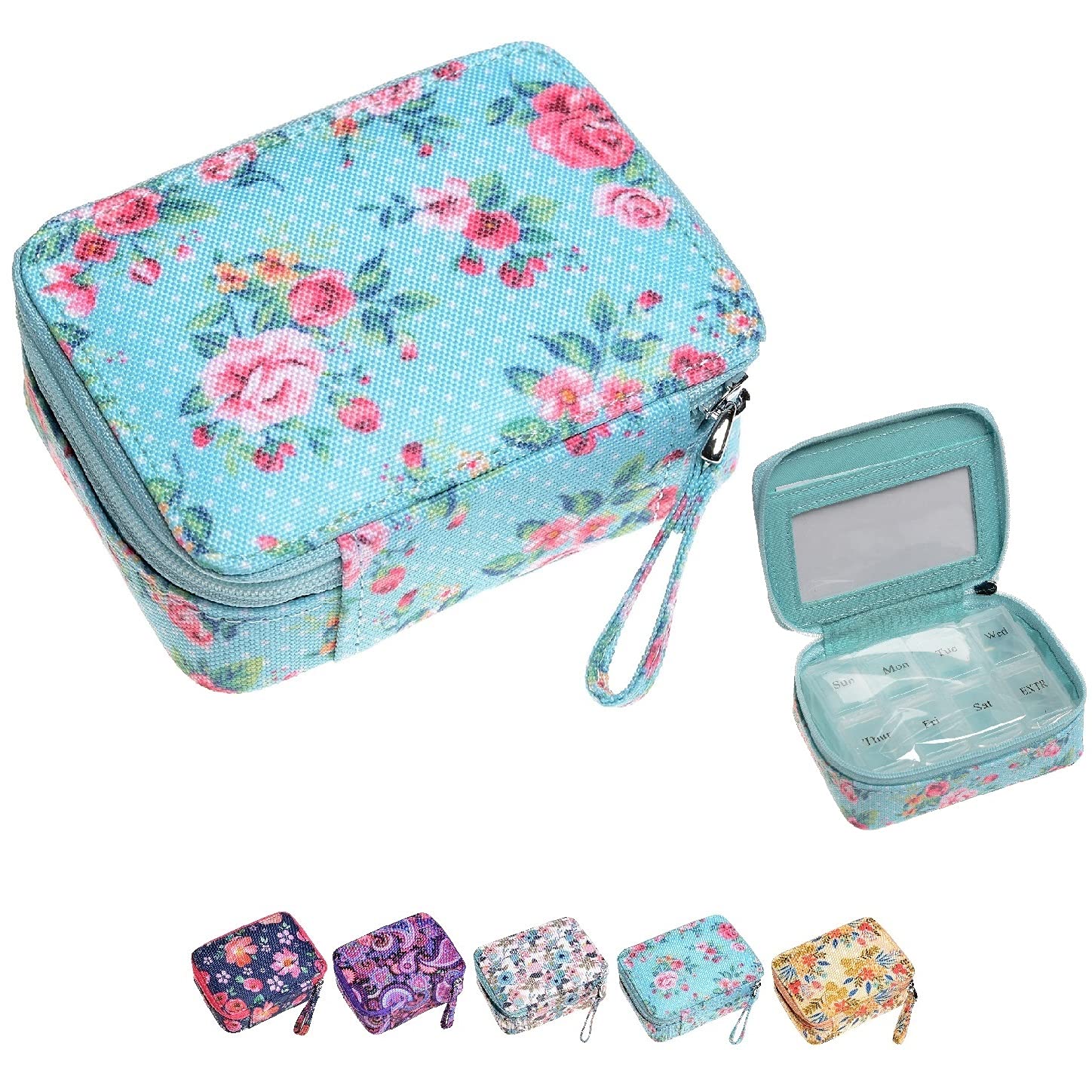 Pill Organizer Case, Weekly Pill Box Compact Size for Vitamin and Supplement Holder, 7-Day Travel Organizer Medicine Carrying Case, Medication Reminder Daily 8 Compartments, Rose Floral