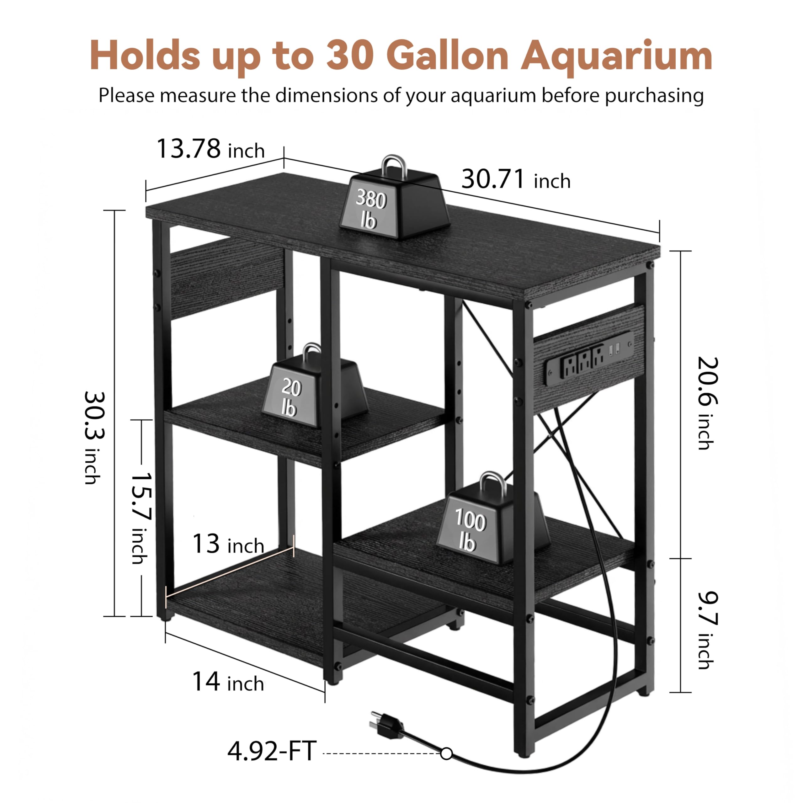 GRLEAF Aquarium-Ständer mit Steckdosen, 4-stöckig, Metall-Aquariumständer mit Holzablagen, 78 cm L x 35,1 cm B x 77 cm H, Schwarz