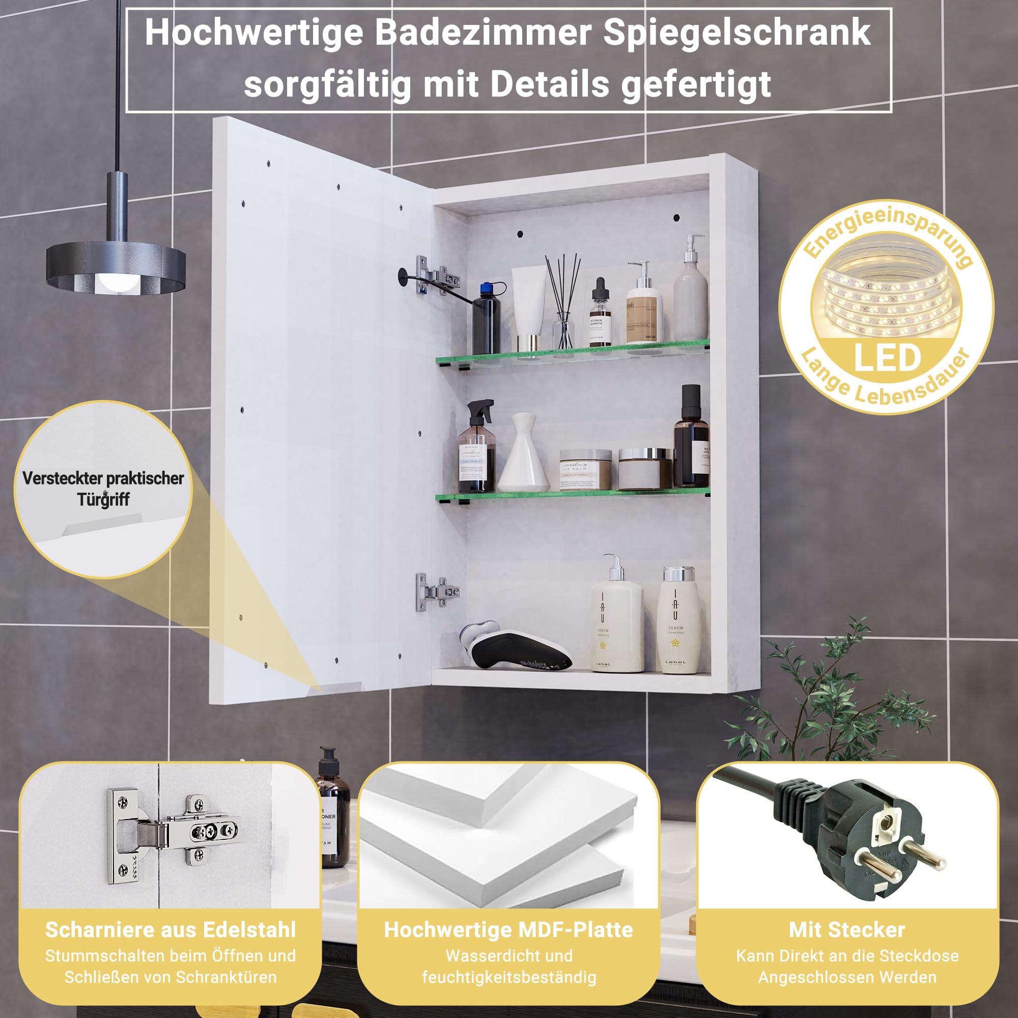 Espejo de baño con iluminación, armario de baño de una puerta con luz y estantes ajustables, armario de baño, 70x50cm, espejo LED, IP54 a prueba de agua, control táctil, espejo de pared (blanco-una