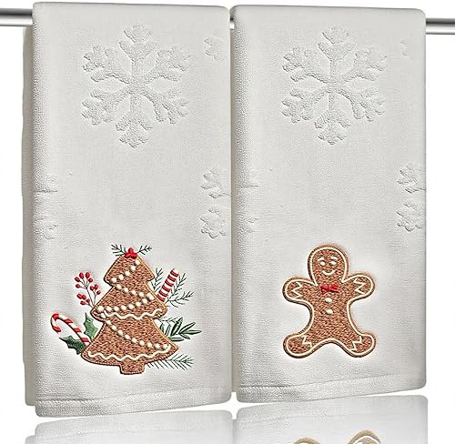 Paquete de 2 toallas de mano de pan de jengibre de Navidad, 100% algodón, jacquard con copos de nieve, bordados, caramelos, toallas de cocina,