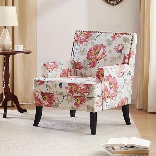 Miniatura 4 de HUIMO Silla decorativa estampada, tapizada de tela de lino, con remache, cómodo sillón con capacidad para hasta 300 libras de capacidad, sofá de
