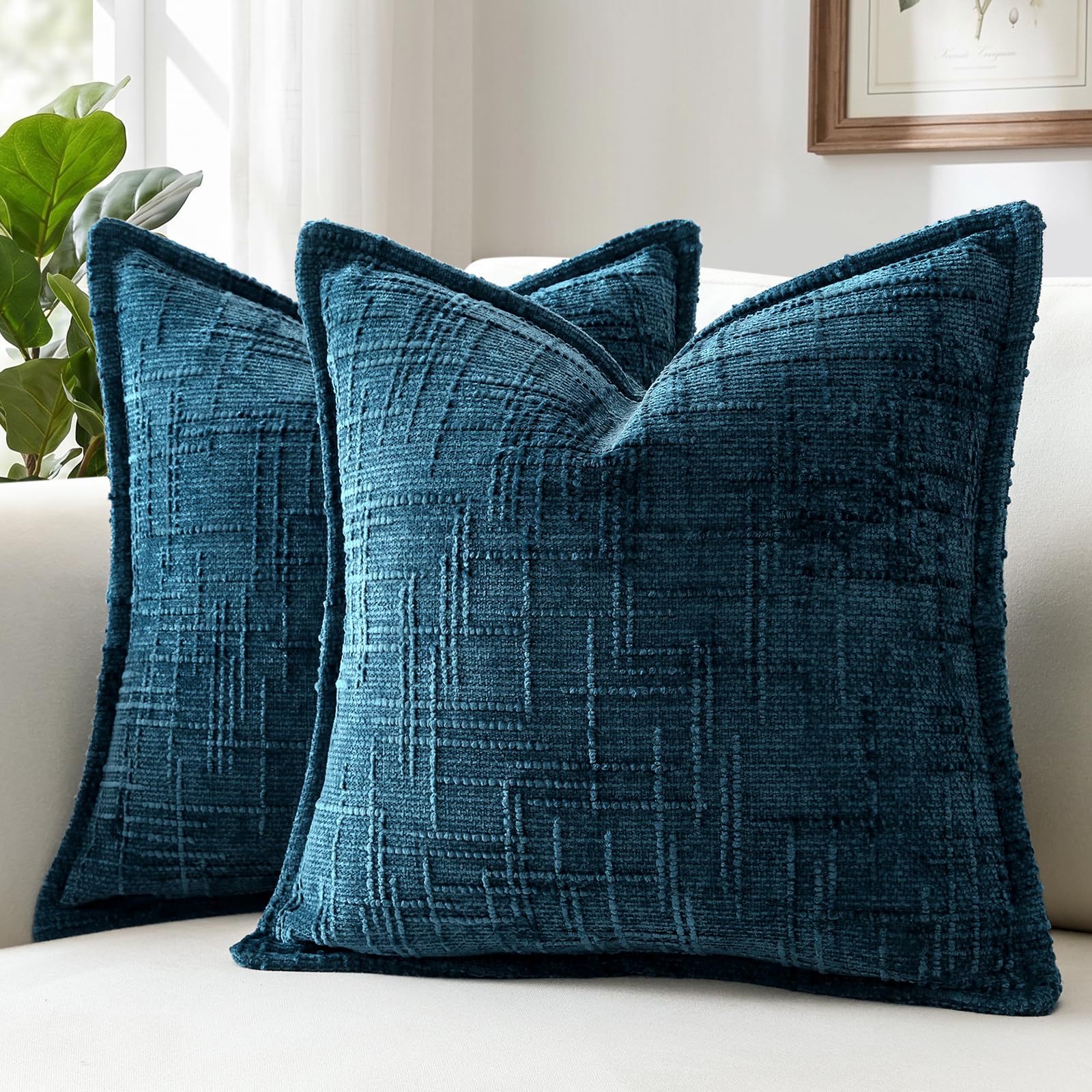 Sungeek Pack of 2 Navy Blue Chenille Textured Decorative Cushion Covers, Soft Cozy Bound Edge Design Cushion Case, Solid Farmhouse Square Pillow Case for Couch Sofa Bed Living Room, 60x60cm