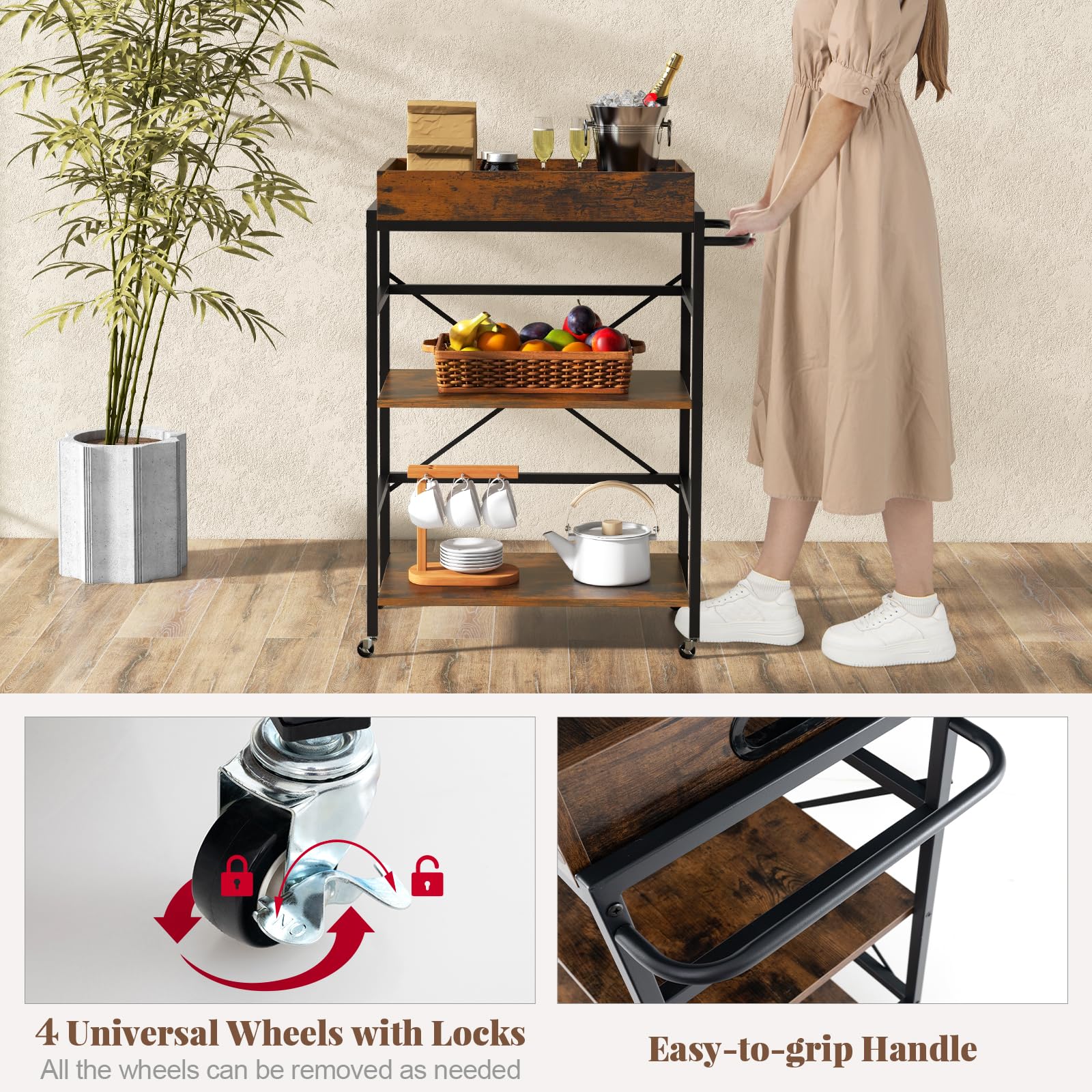 GIANTEX Carrello da cucina con vassoio estraibile e 4 ruote, carrello di servizio a 3 livelli con telaio in metallo, 73 x 40 x 94 cm, stile industriale, carrello ausiliario per cucina, sala da pranzo,