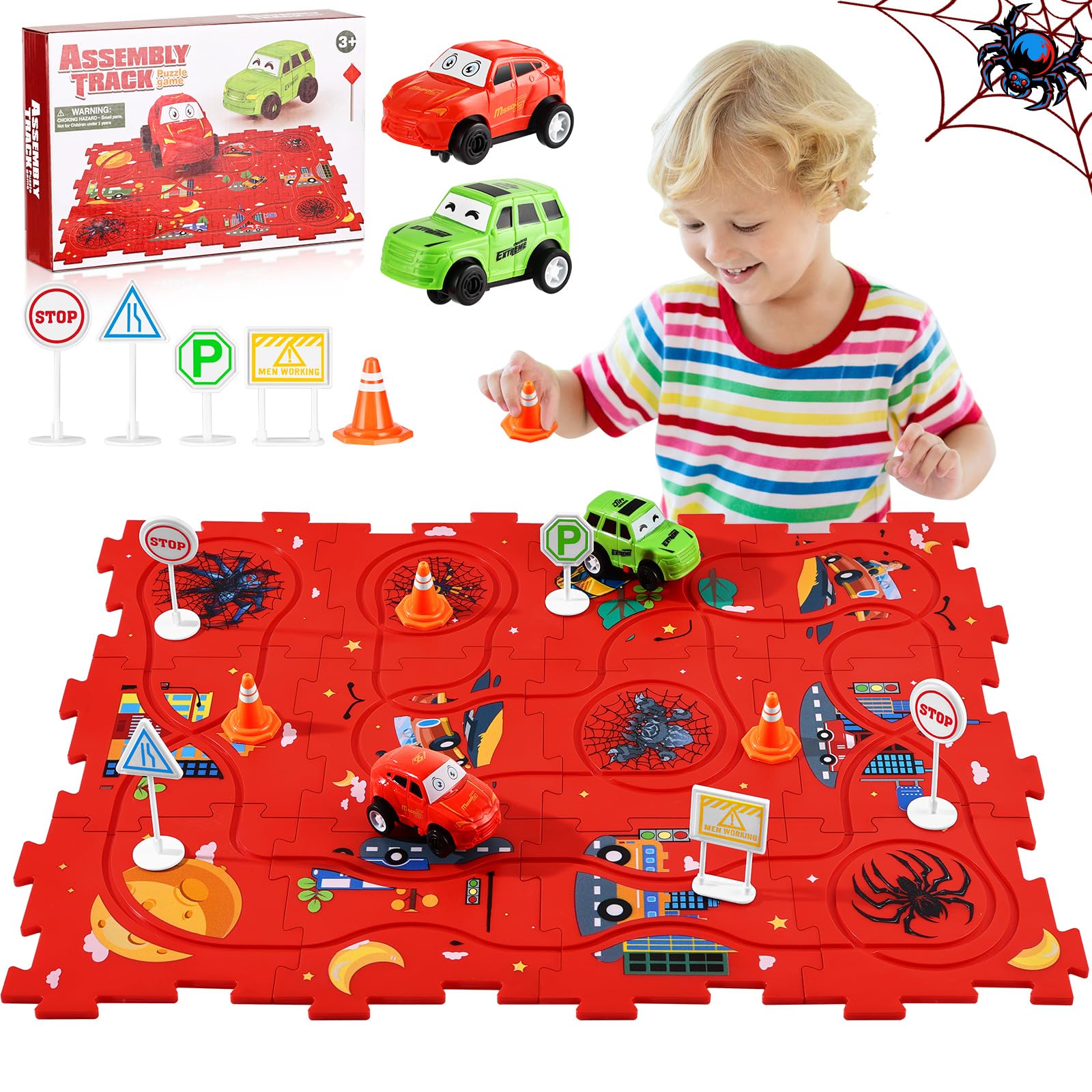 Puzzle Racer Kids Car Track Set,Toddler Toys Gifts for 3-5 Year Old Boys,Spider Puzzle Tracks Car Toys for Boys Ages 3 4 5 6,Montessori Educational Learning Toy for Kids Birthday