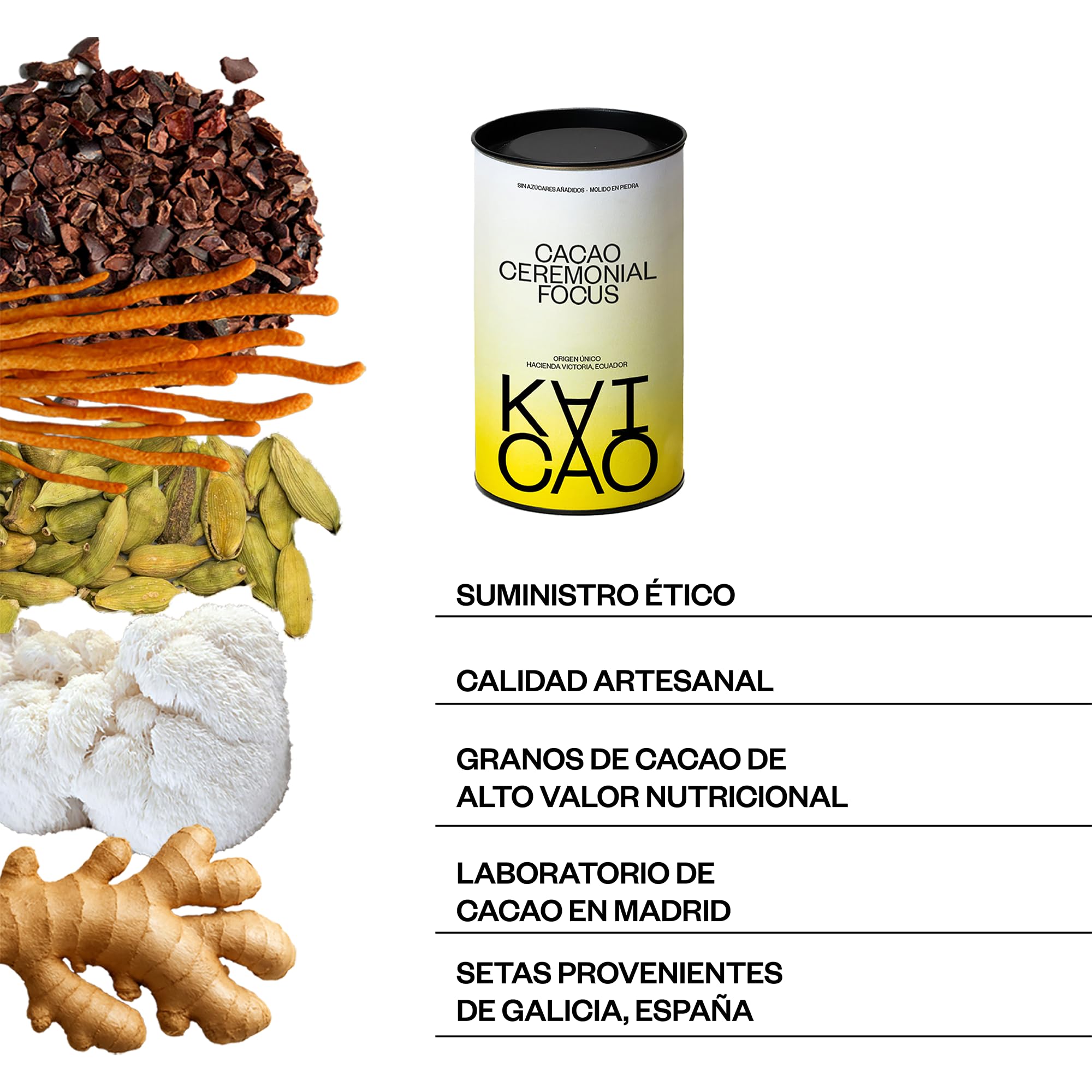 Kaicao Cacao Ceremonial en Polvo con Melena de León, Cordyceps, Jengibre y Cardamomo - Cacao Puro Ecuador sin Azúcar, Vegano, Keto 200 g
