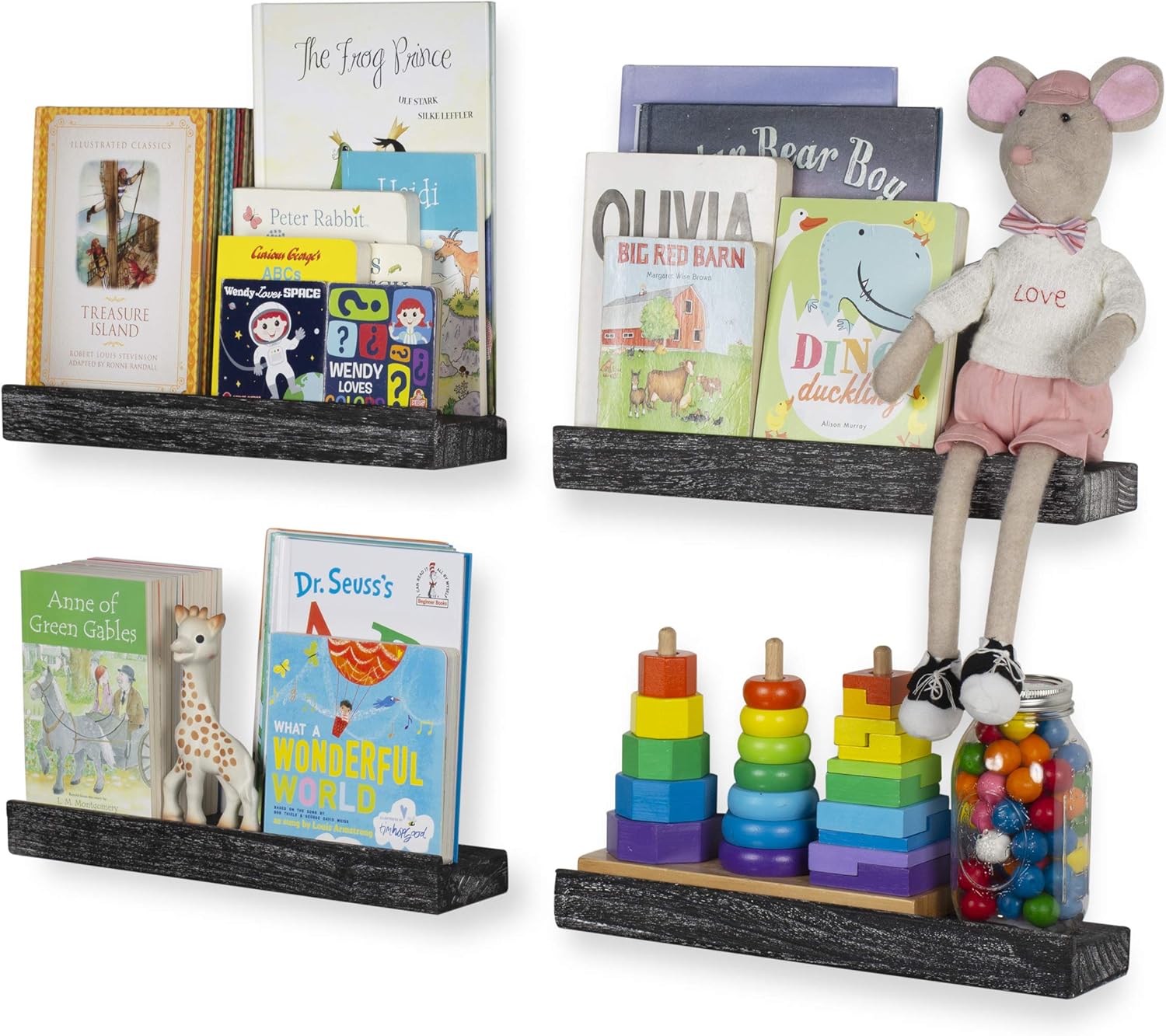 Rustic State Smith Wall Mount Wood Picture Ledge Photo Frame Display Storage - Kids Baby Nursery Room Bookshelf - Farmhouse Décor Floating Shelves - 16.60 Inch - Set of 4 - Reclaimed Black