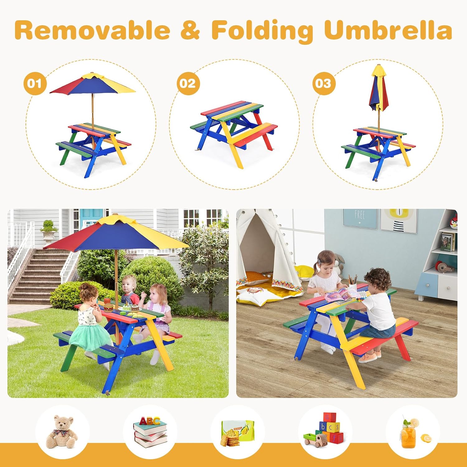 DORTALA Kids Picnic Table, Wooden Outdoor Toddler Table and Bench Set with Removable Umbrella, Children Activity Table Set for Patio, Garden, Backyard, Girls & Boys Gift, Colorful