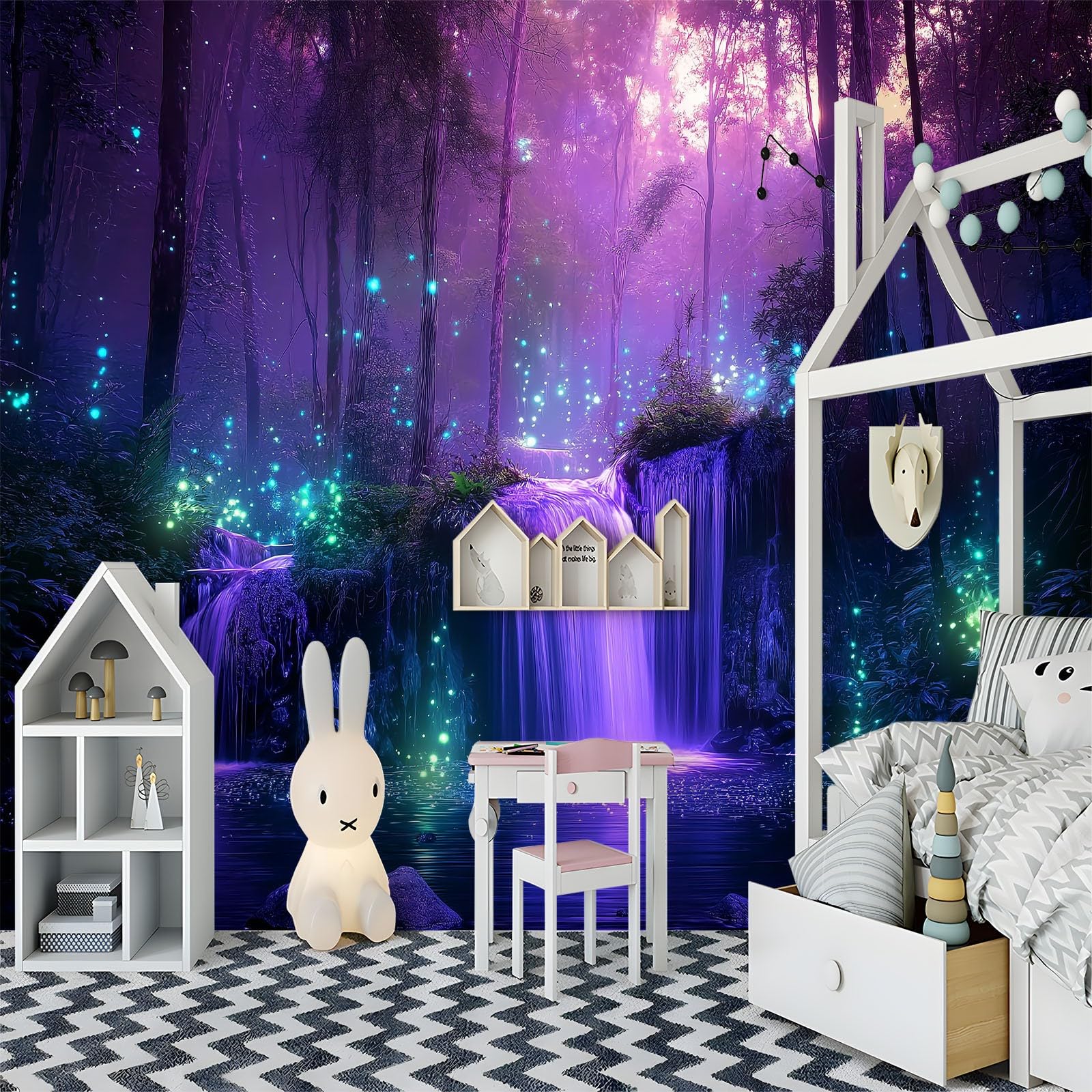 Fantasievoller Leuchtender Zauberwald Fototapete 350 x 256 cm (B x H) Vliestapete XXL Panorama Wandbild für Mädchen & Jungs Schlafzimmer Wanddekoration mit 3D Effekt, Lila