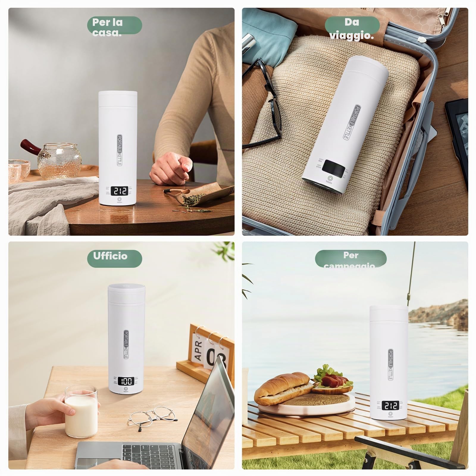 Bollitore elettrico portatile da viaggio, 450 ml, bollitore da viaggio per tè e caffè, spegnimento automatico e protezione a secco con acciaio inossidabile 316, 4 regolatori di temperatura (Bianco)