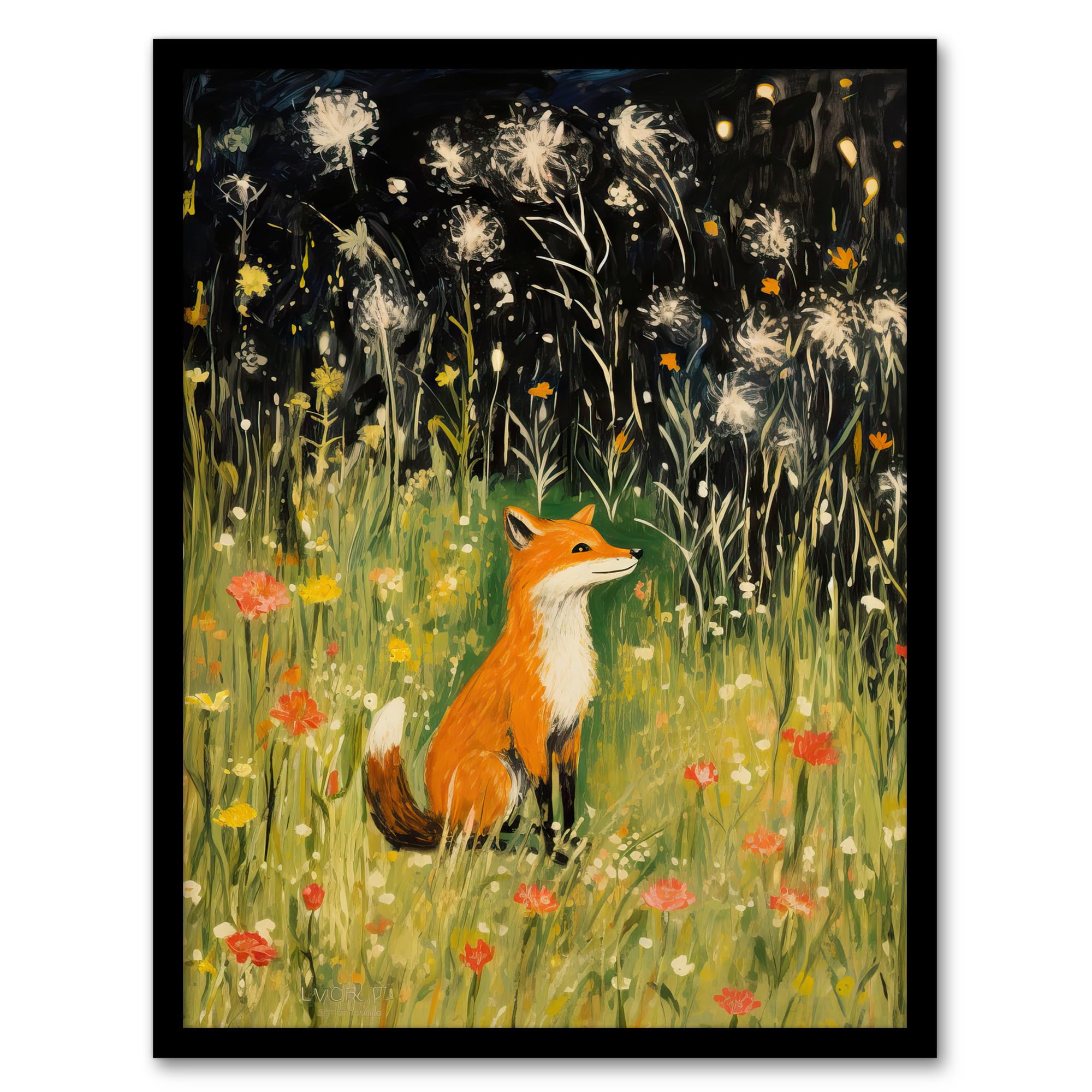 Artery8 Fox In Wildflower Meadow Acrylic Painting Spring Evening Among Flowers Artwork Framed Wall Art Print A4