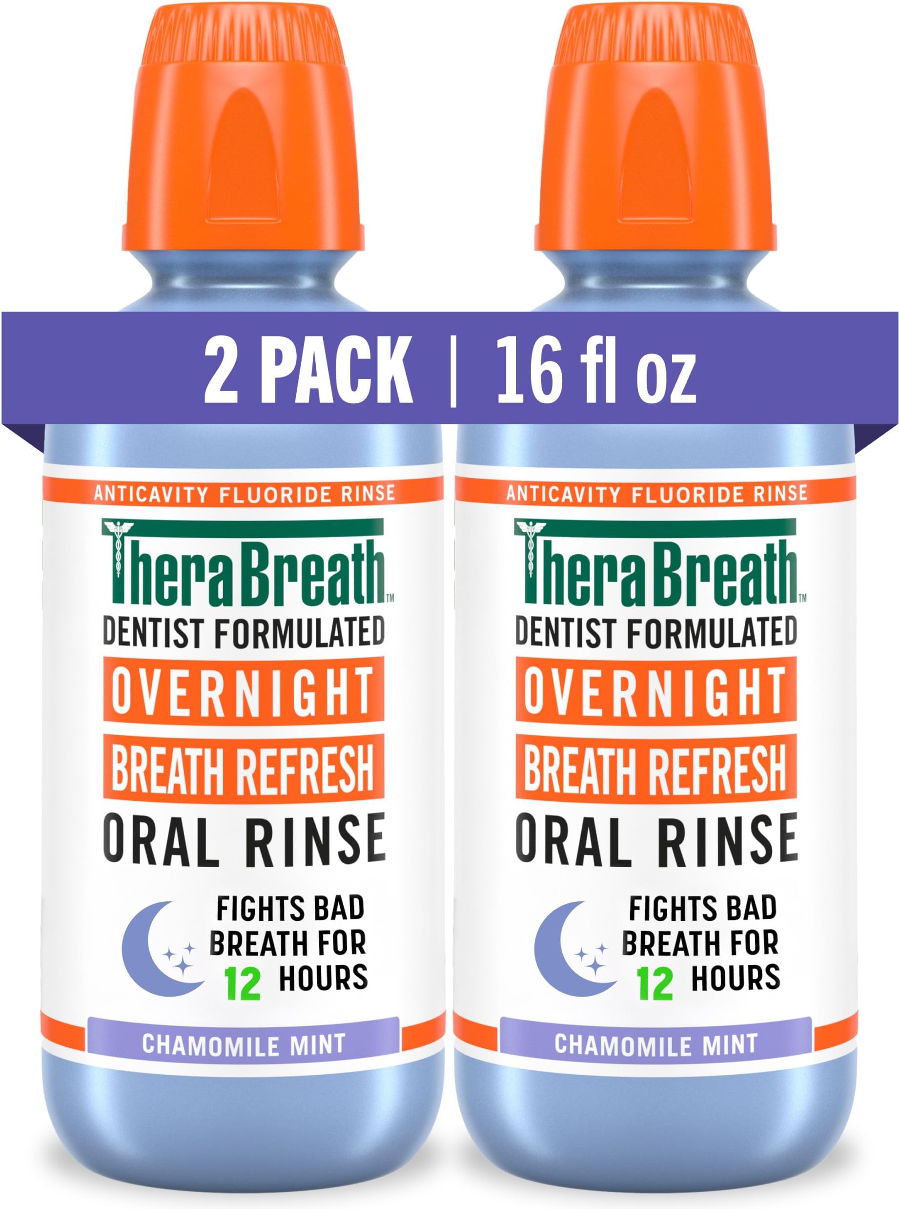 TheraBreath Overnight Mouthwash, Fights Bad Breath for 12 Hours, Chamomile Mint Flavor, Dentist Formulated, Fluoride Rinse, Alcohol Free, 16 fl oz (Pack of 2)