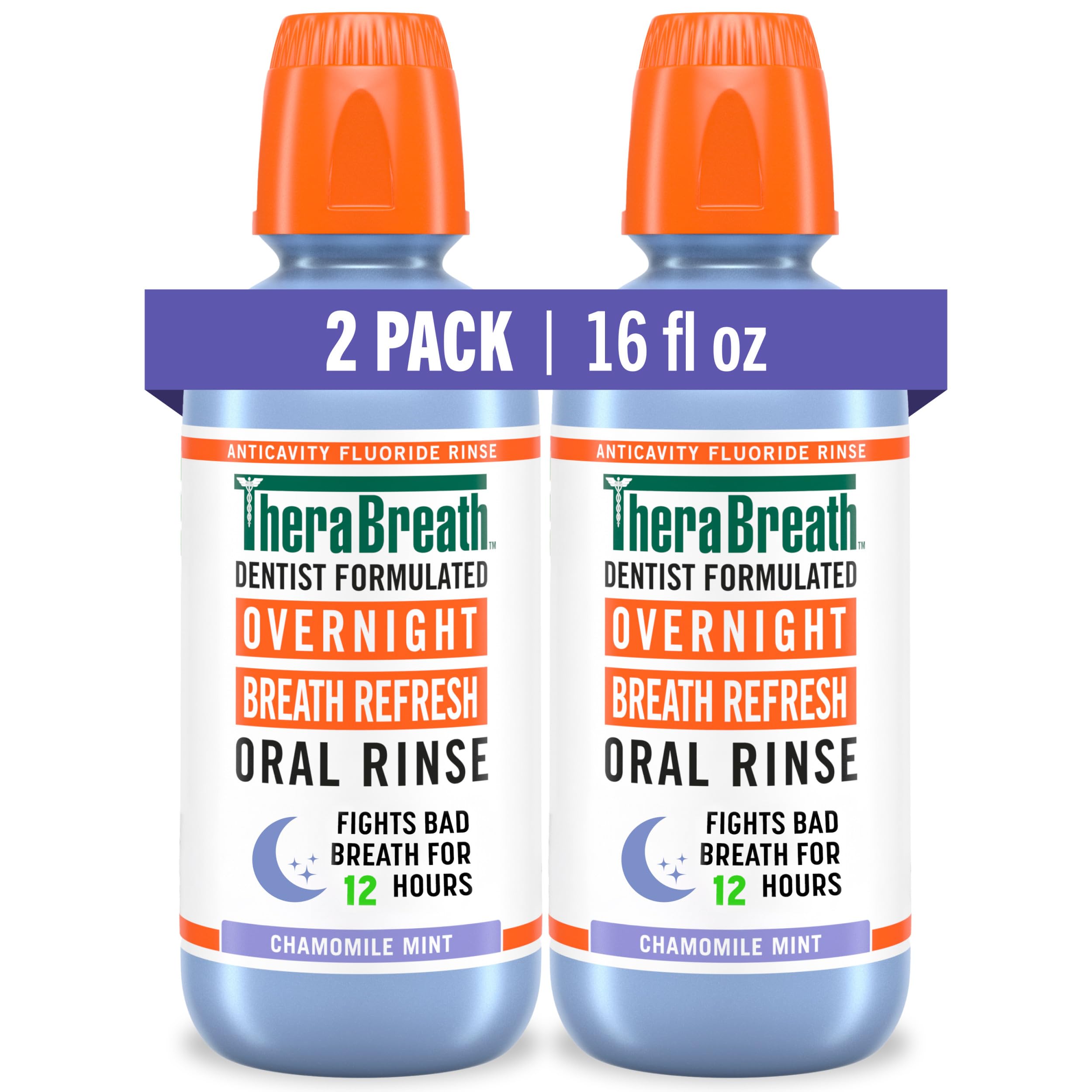 TheraBreath Overnight Mouthwash, Fights Bad Breath for 12 Hours, Chamomile Mint Flavor, Dentist Formulated, Fluoride Rinse, Alcohol Free, 16 fl oz (Pack of 2)