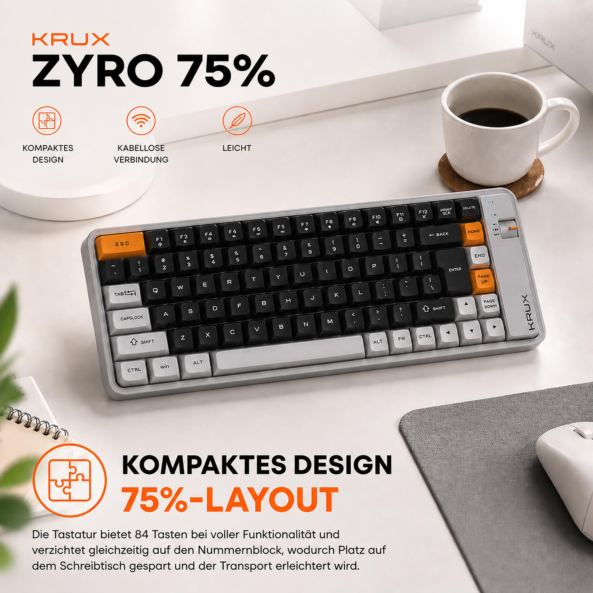 KRUX Zyro 75%, Bezprzewodowa klawiatura membranowa 84 klawisze, Bluetooth + 2,4 GHz + USB-C, cicha, układ US ANSI, Windows/Mac/Linux/Android, szaro-żółta, retro design