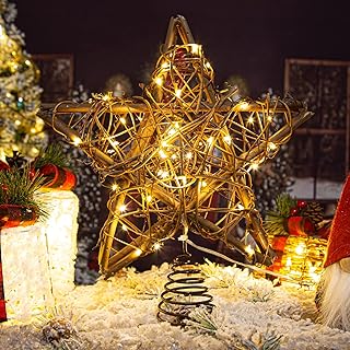 Rattan Natural Star Christmas Tree Topper - Rustic Farmhouse Xmas Treeto...