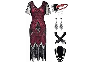 BABEYOND 1920s Art Deco Fringed Sequin Dress Gatsby Costume