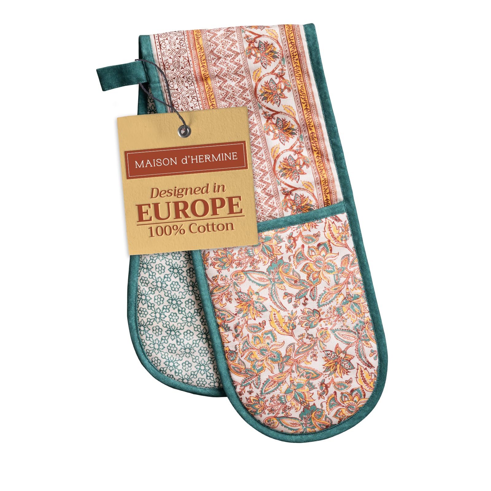 Maison d' Hermine Double Oven Mitt (18 cm x 89 cm) 100% Cotton Heat Resistant BBQ Cooking Gloves with Loop for Christmas Decorations Baking Cooking Barbeque Handling Hot Pan (Nila)