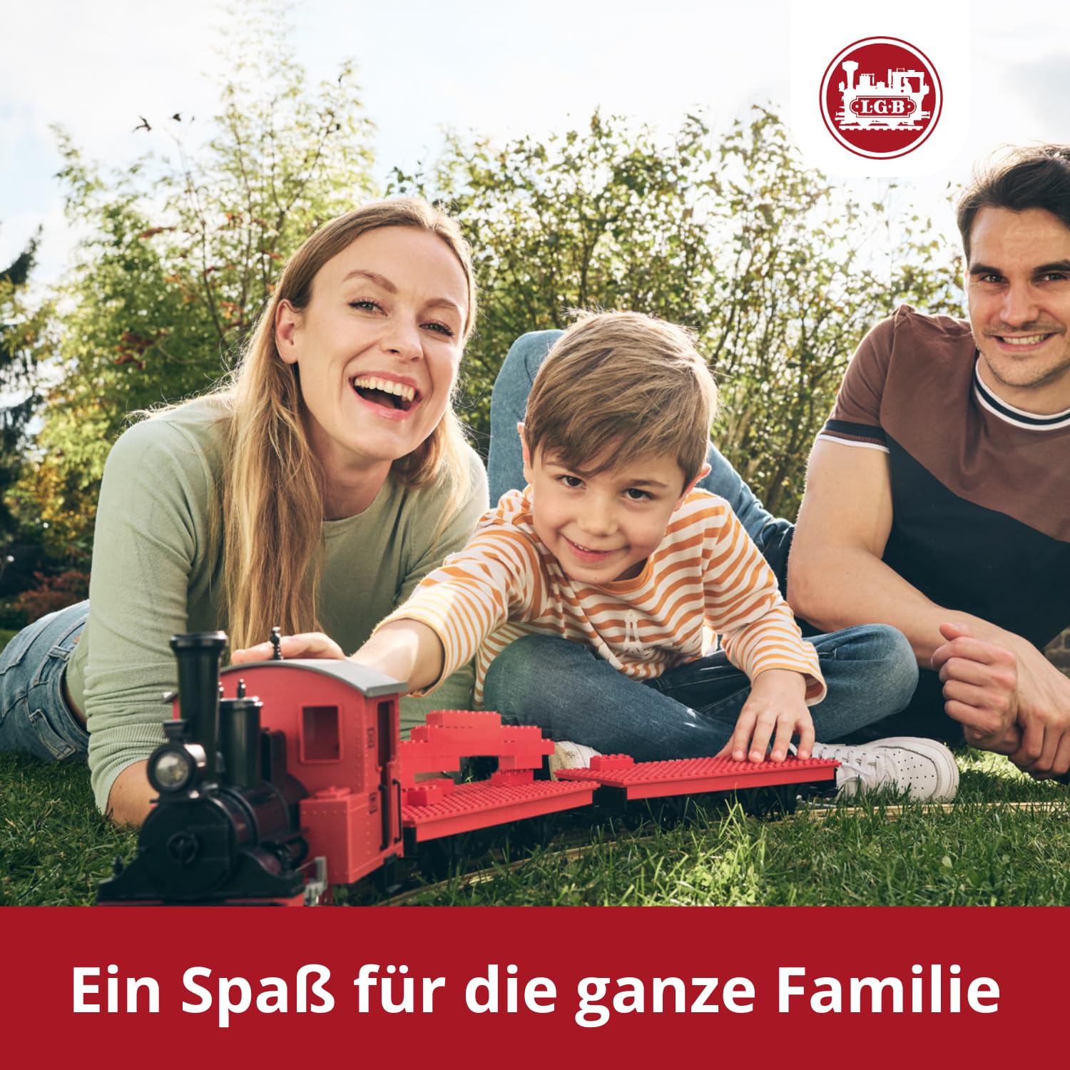 LGB – 90463 Gartenbahn Starterset Klemmbausteinzug mit Lokomotive und zwei Waggons, Outdoor-Eisenbahn, Spur G, 74.9 x 54.1 x 15.49 cm