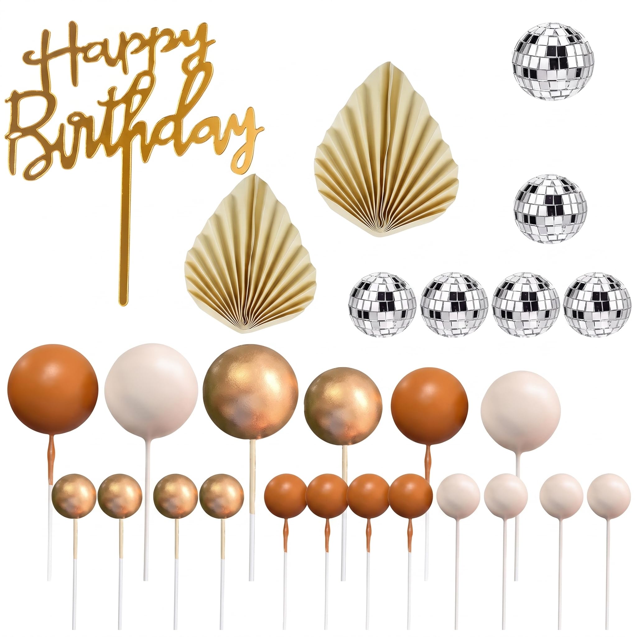 Disco Ball Cake Toppers, Happy Birthday Paper Cake Topper (brown)