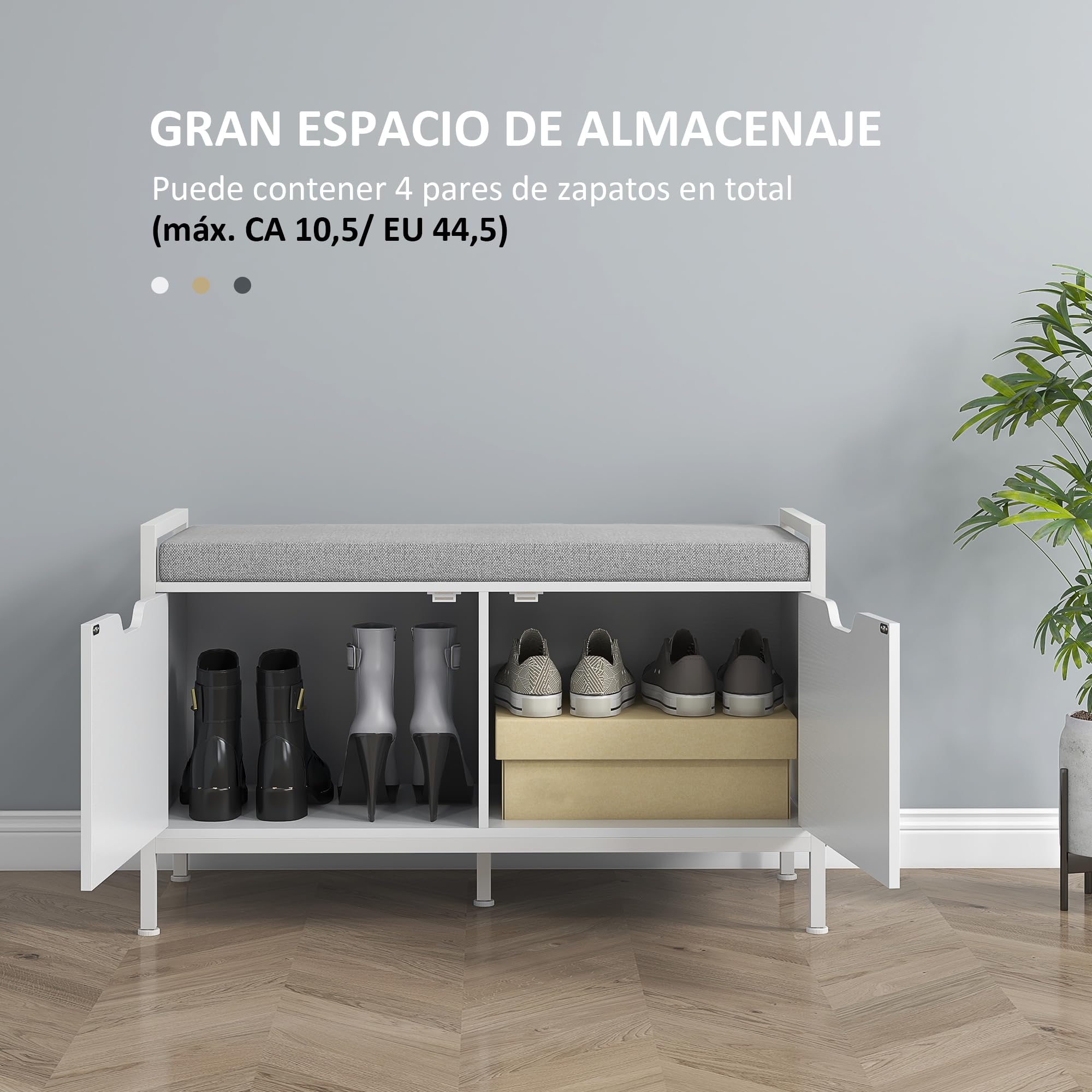 HOMCOM Banco Zapatero con Asiento Cojín Extraíble 84x35x50 cm Blanco | Mueble Zapatero, para 4 Pares de Zapatos, para Entrada Recibidor Salón Pasillo